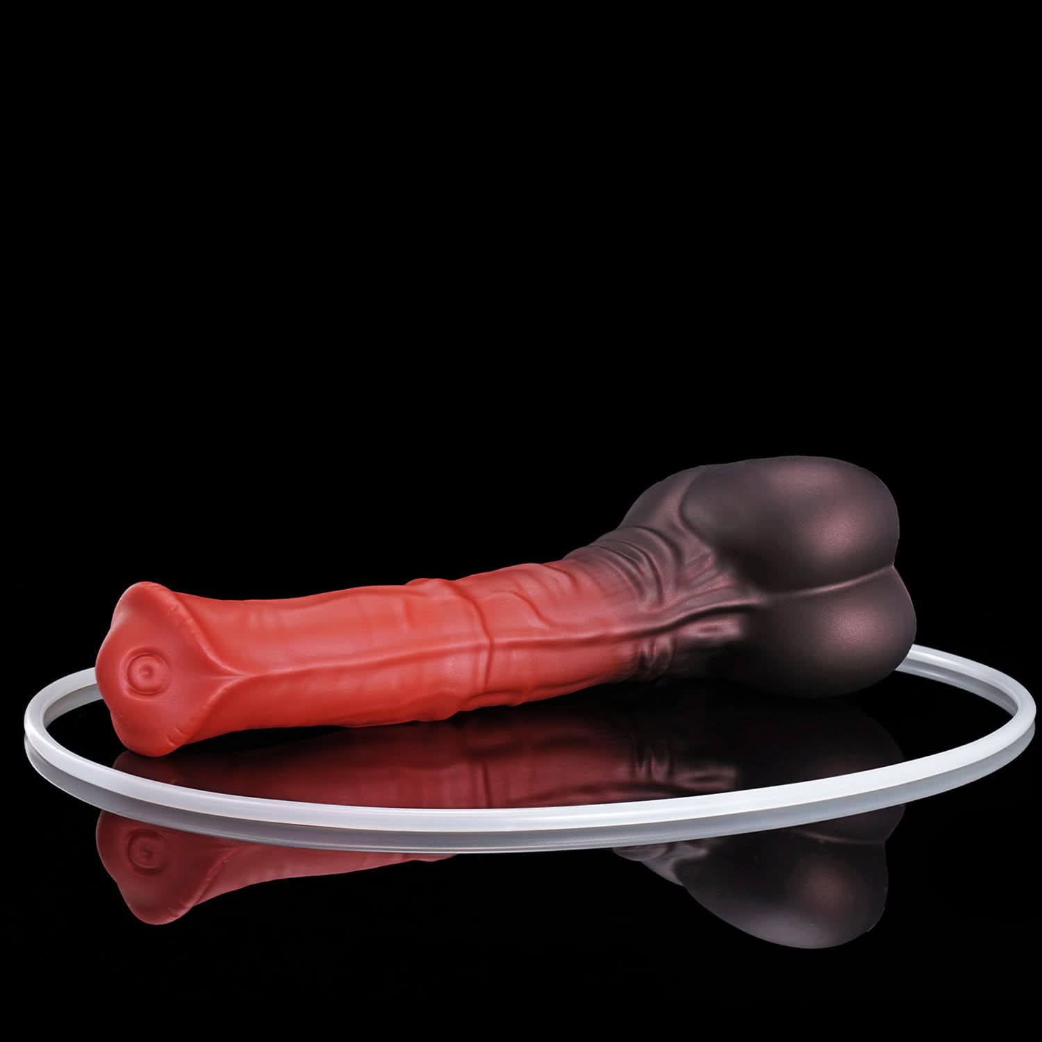 AVOYO plus tube fantasy horse ejaculating dildo with a tapered textured shaft, sculpted base, and built-in tube - low side view with tube