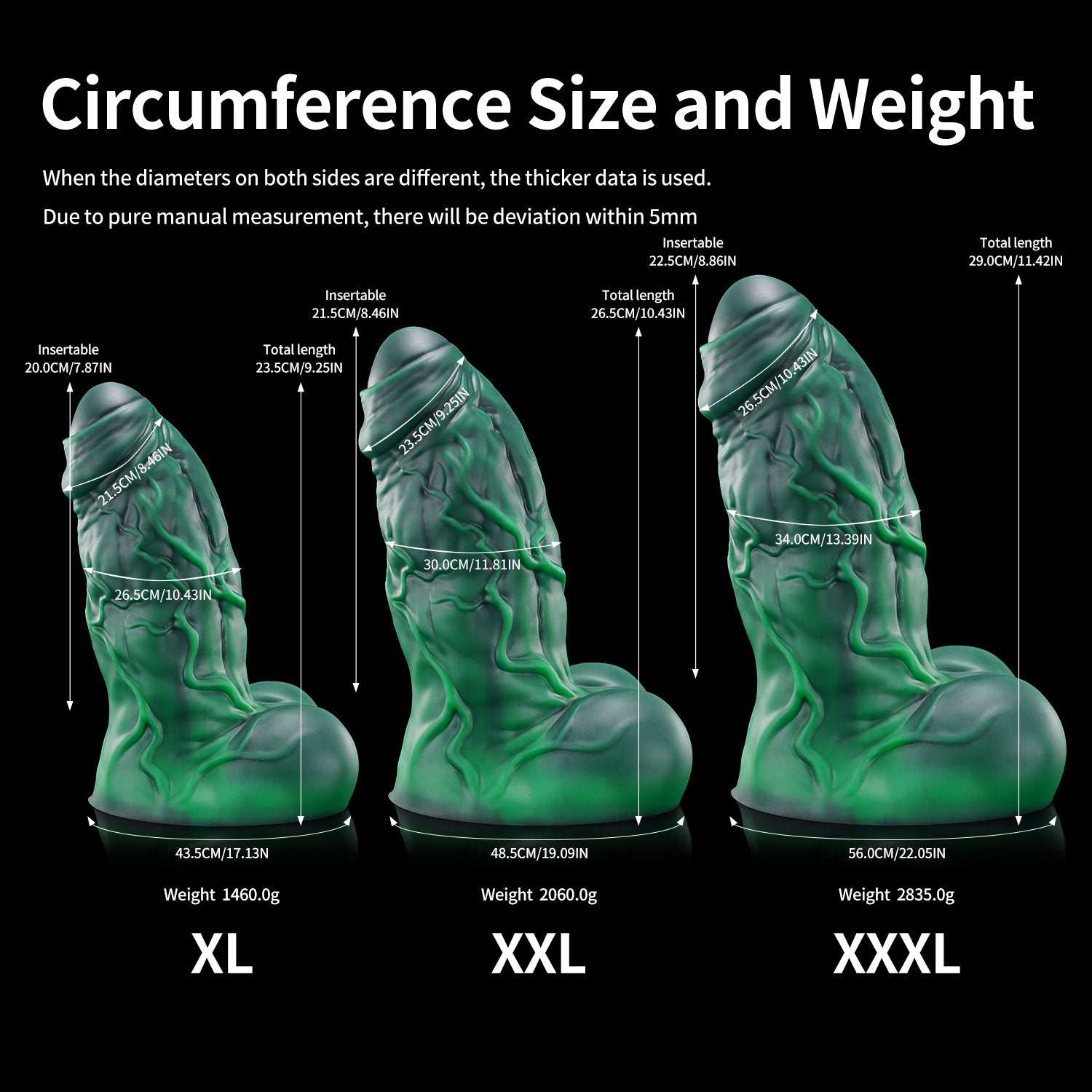BANNER fantasy monster dildo with a thick muscular shaft, raised veins, rounded balls, and suction-cup base - circumference size and weight chart