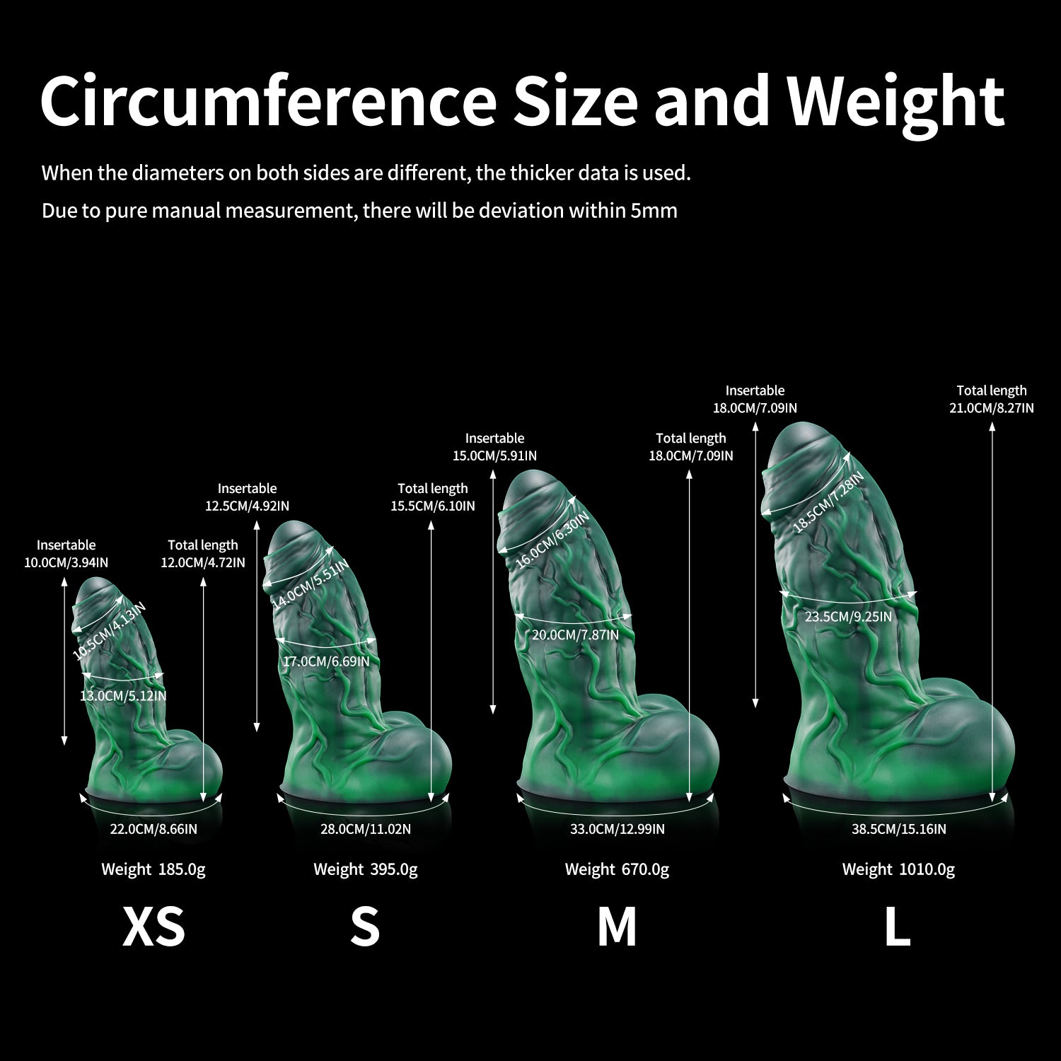 BANNER fantasy monster dildo with a thick muscular shaft, raised veins, rounded balls, and suction-cup base - circumference size and weight chart