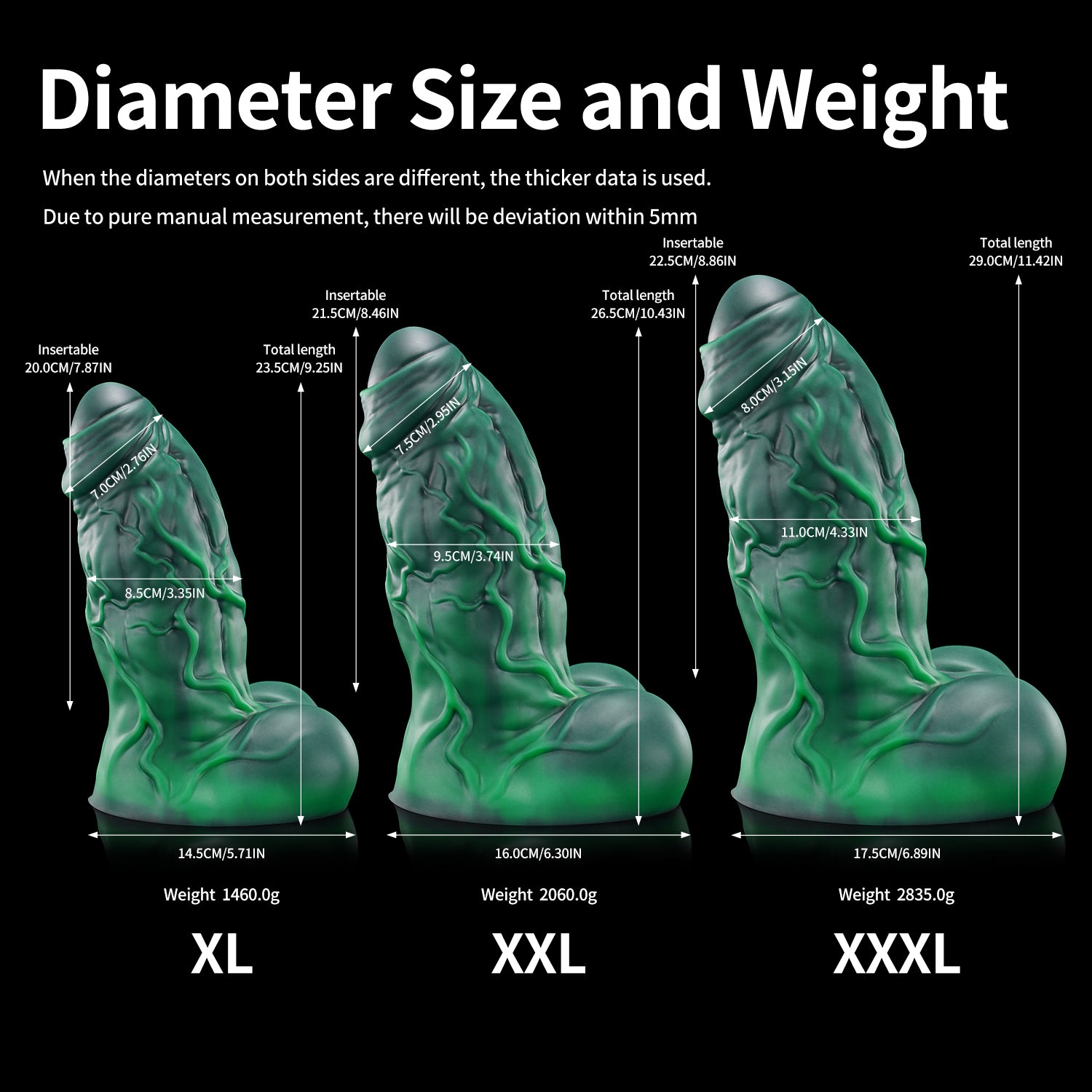 BANNER fantasy monster dildo with a thick muscular shaft, raised veins, rounded balls, and suction-cup base - diameter size and weight chart