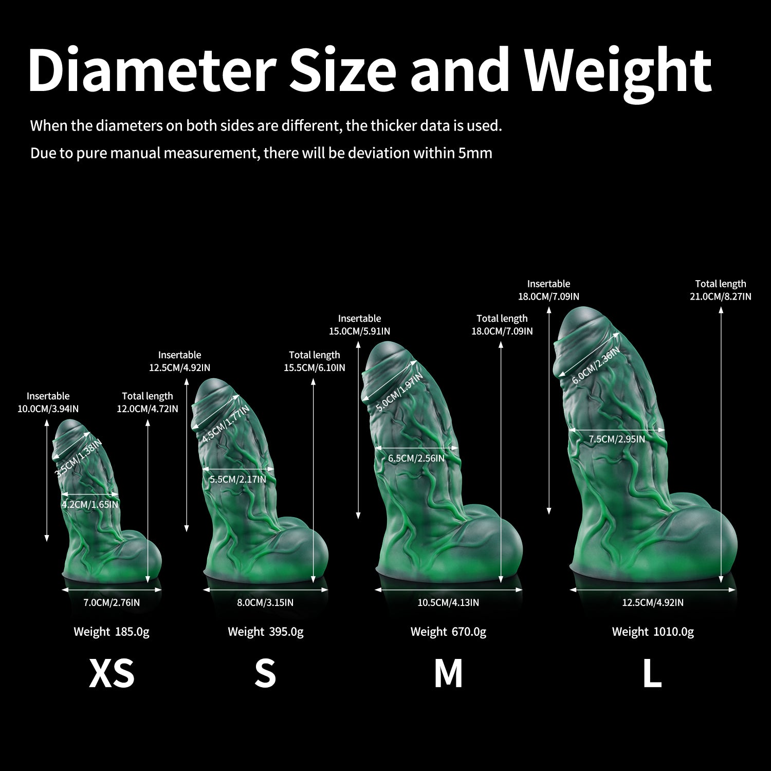 BANNER fantasy monster dildo with a thick muscular shaft, raised veins, rounded balls, and suction-cup base - diameter size and weight chart