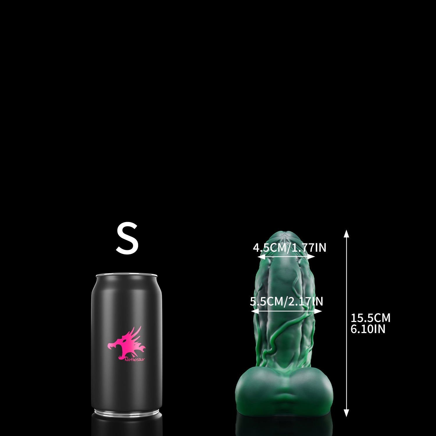 BANNER fantasy monster dildo with a thick muscular shaft, raised veins, rounded balls, and suction-cup base - S size guide