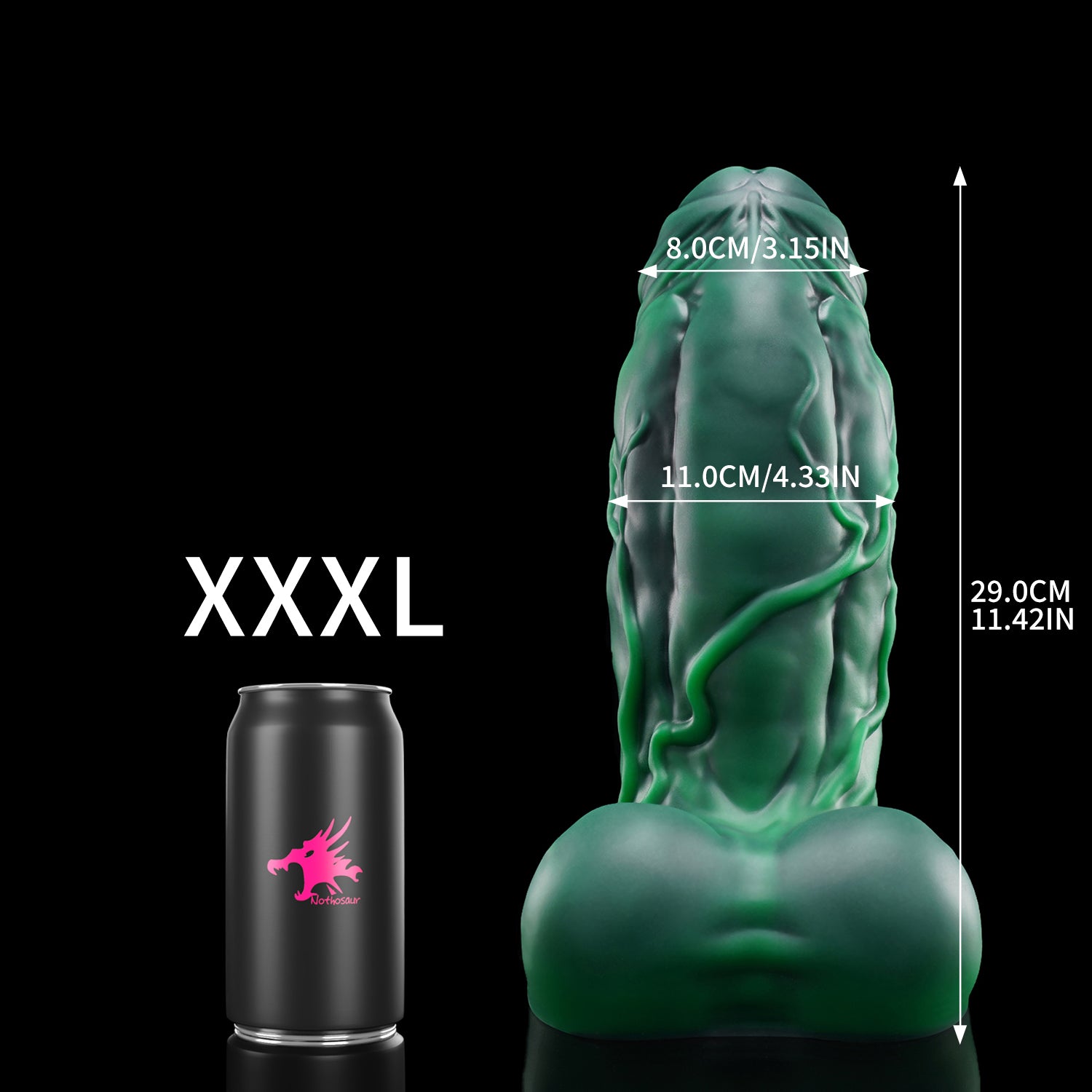 BANNER fantasy monster dildo with a thick muscular shaft, raised veins, rounded balls, and suction-cup base - XXXL size guide