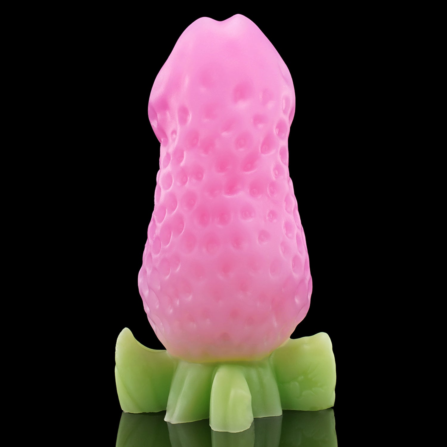 BERRYBLOOM fantasy strawberry butt plug with seed texture, leafy base, and rounded tip - pink custom color front view
