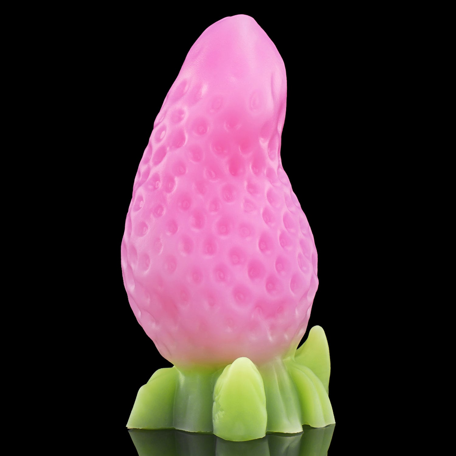 BERRYBLOOM fantasy strawberry butt plug with seed texture, leafy base, and rounded tip - pink custom color side profile