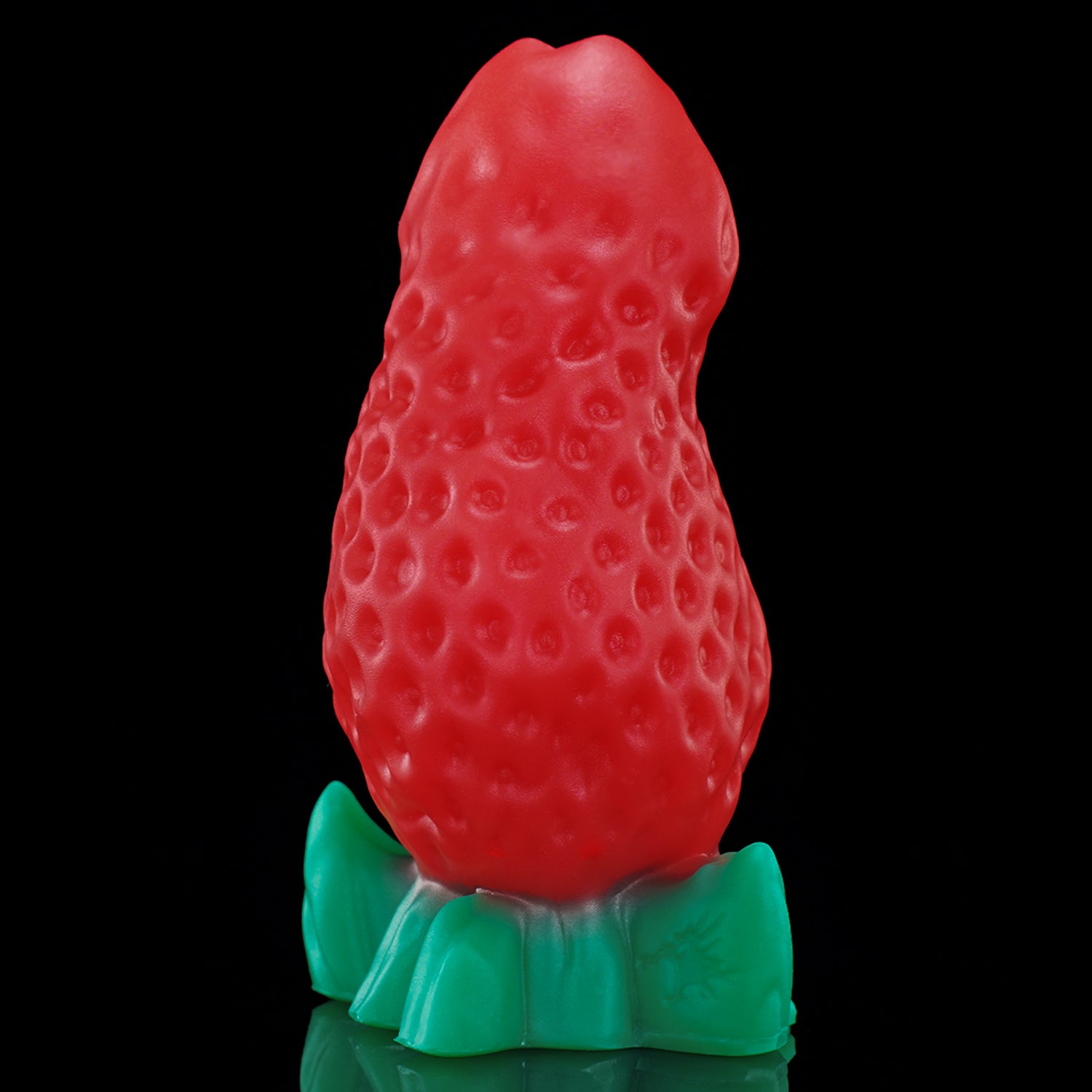 BERRYBLOOM fantasy strawberry butt plug with seed texture, leafy base, and rounded tip - red front view
