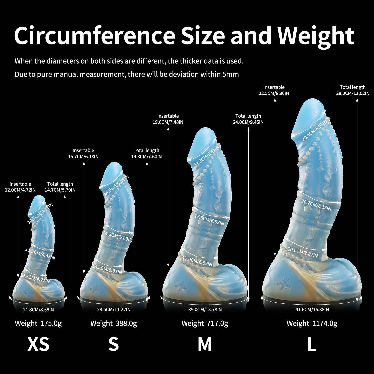 CASTOR fantasy dildo with a gently curved shaft, beaded chain detail, twin rings, and rounded base - circumference size and weight chart