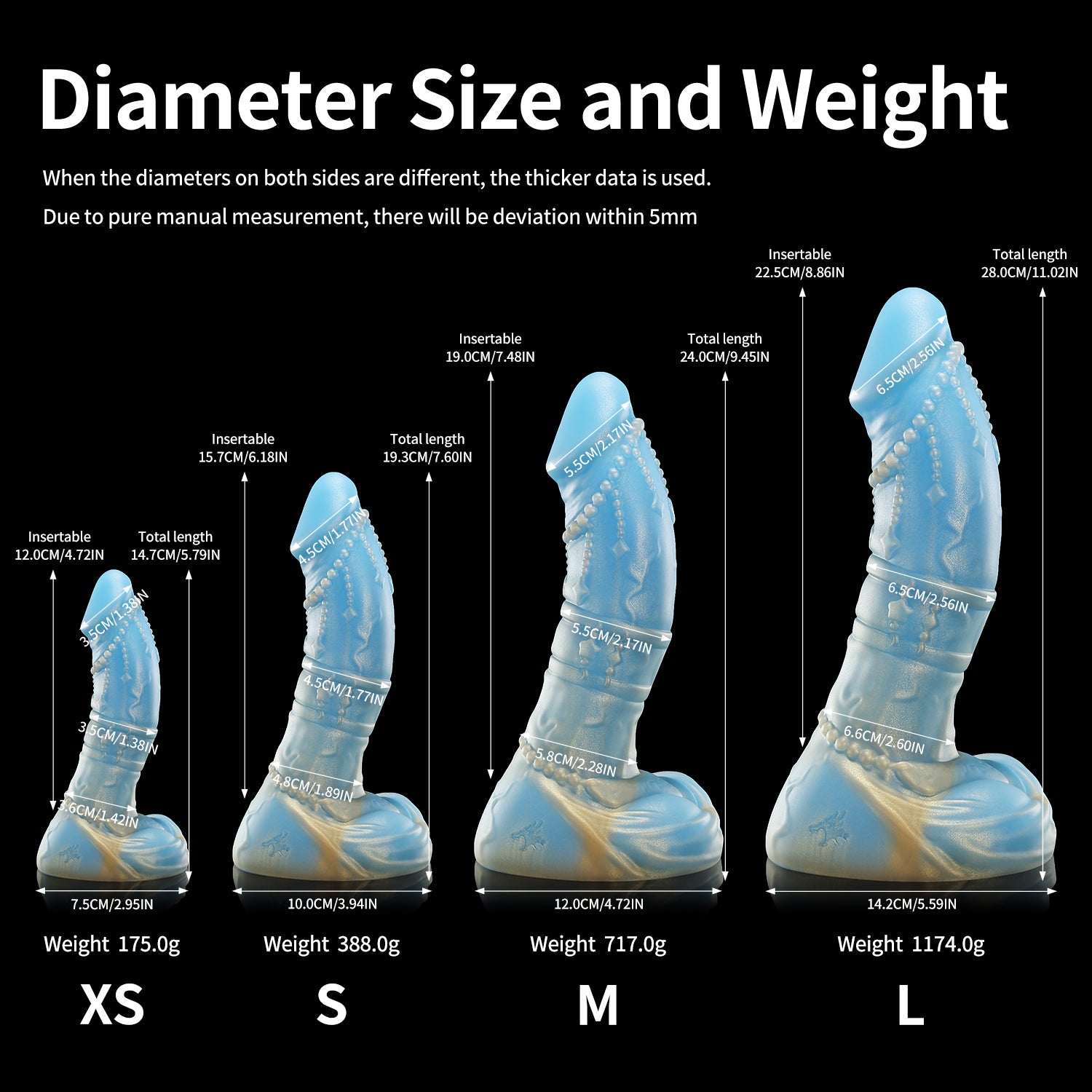 CASTOR fantasy dildo with a gently curved shaft, beaded chain detail, twin rings, and rounded base - diameter size and weight chart