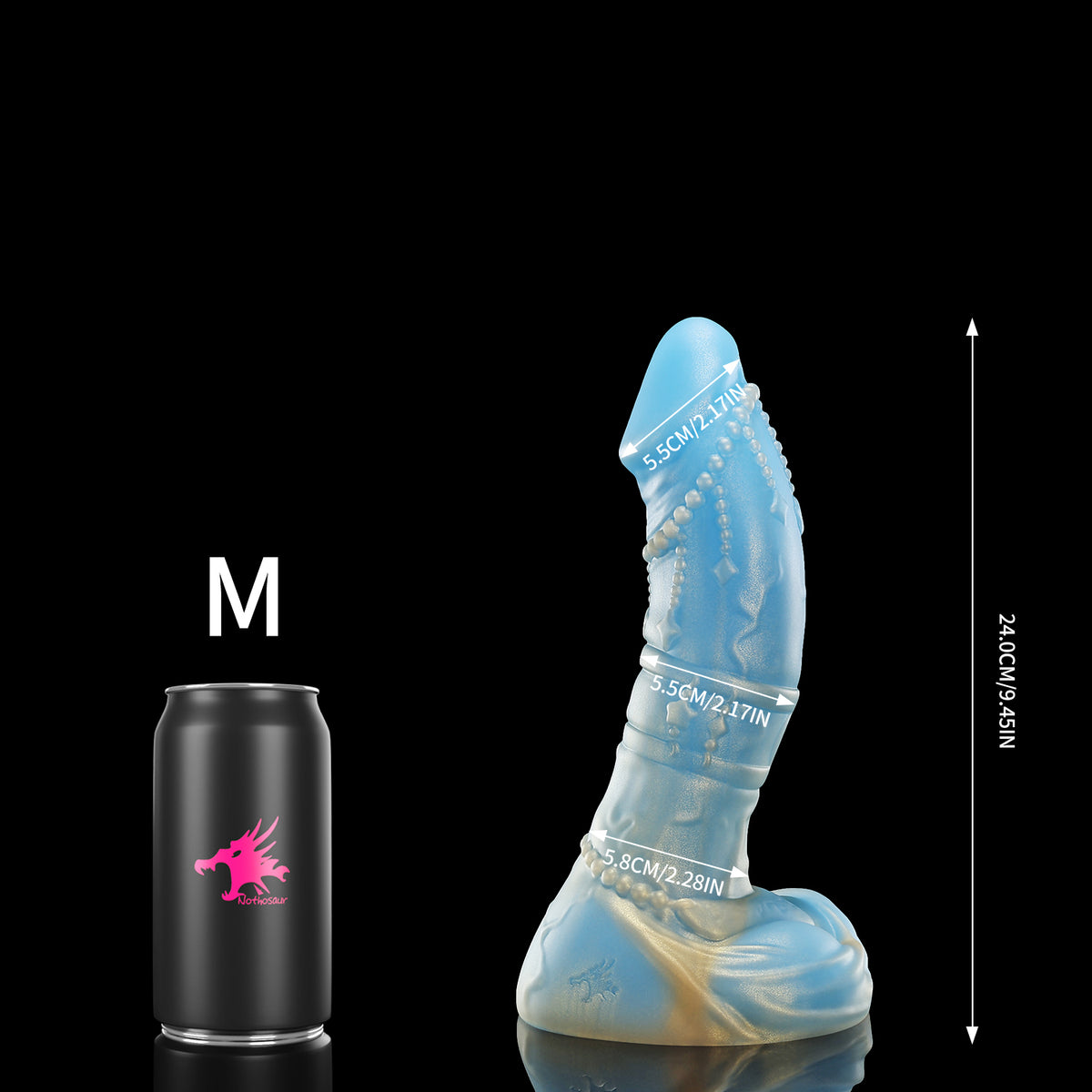 CASTOR fantasy dildo with a gently curved shaft, beaded chain detail, twin rings, and rounded base - M size guide