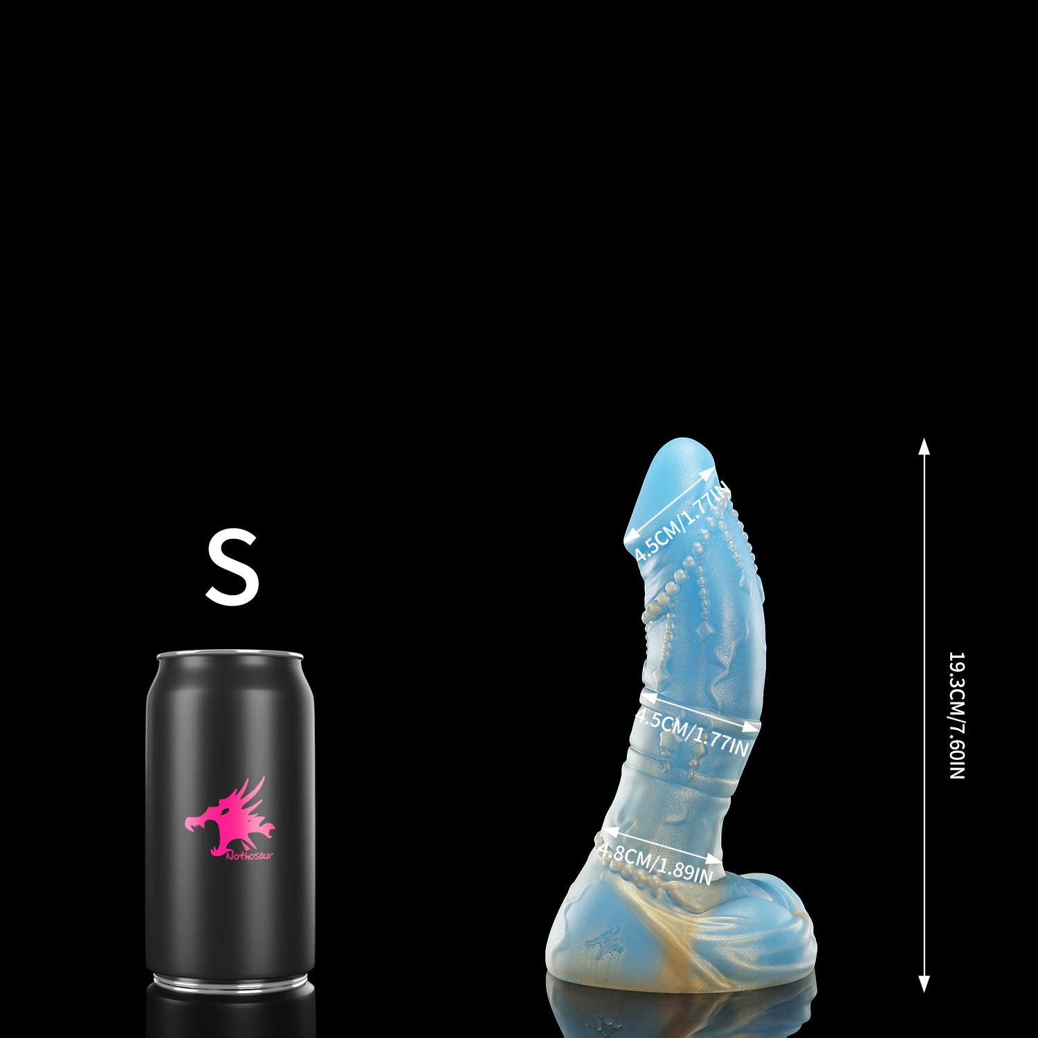 CASTOR fantasy dildo with a gently curved shaft, beaded chain detail, twin rings, and rounded base - S size guide
