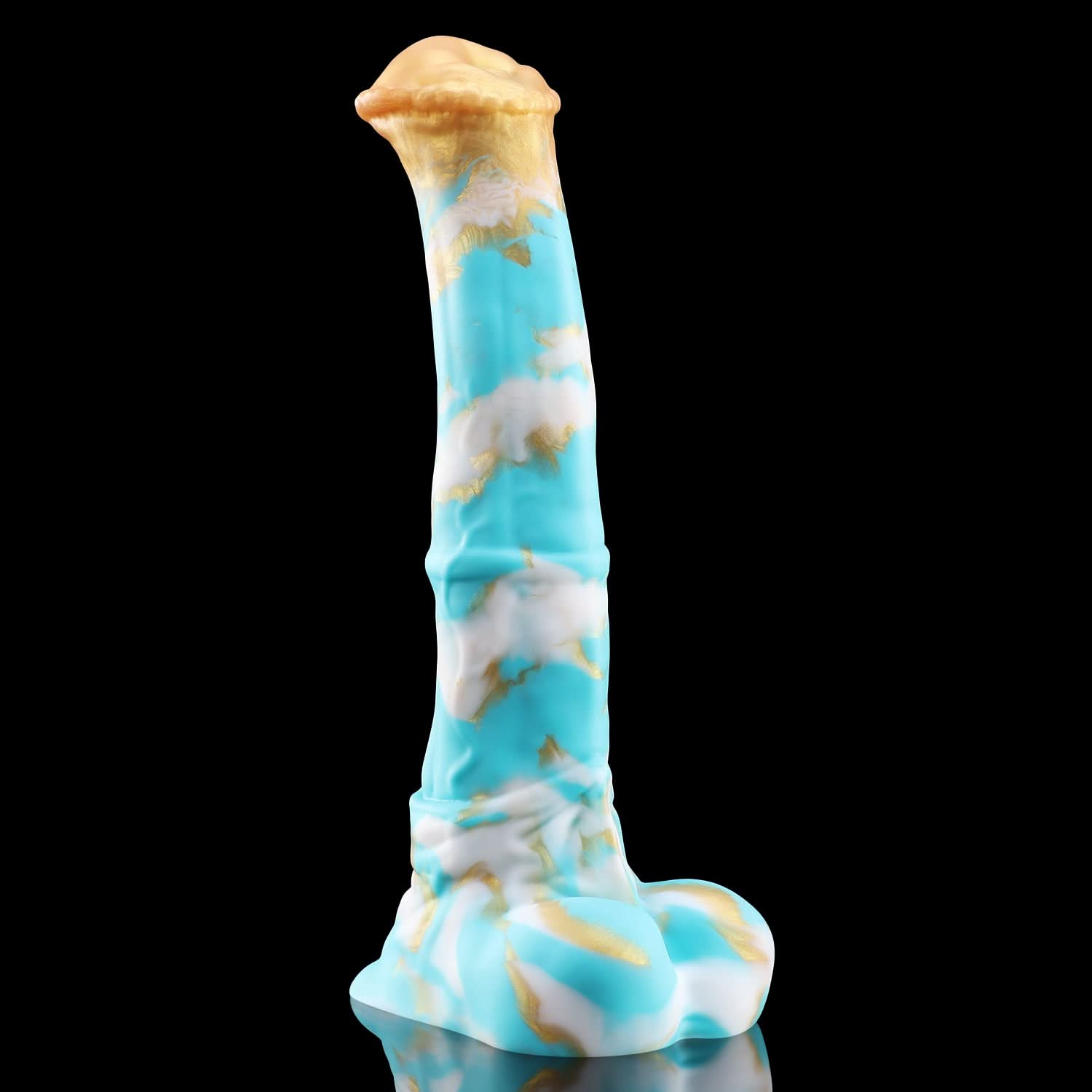 CONOLA fantasy horse dildo with a broad flared head, veined shaft, medial ring, and rounded balls - blue and gold custom color front view