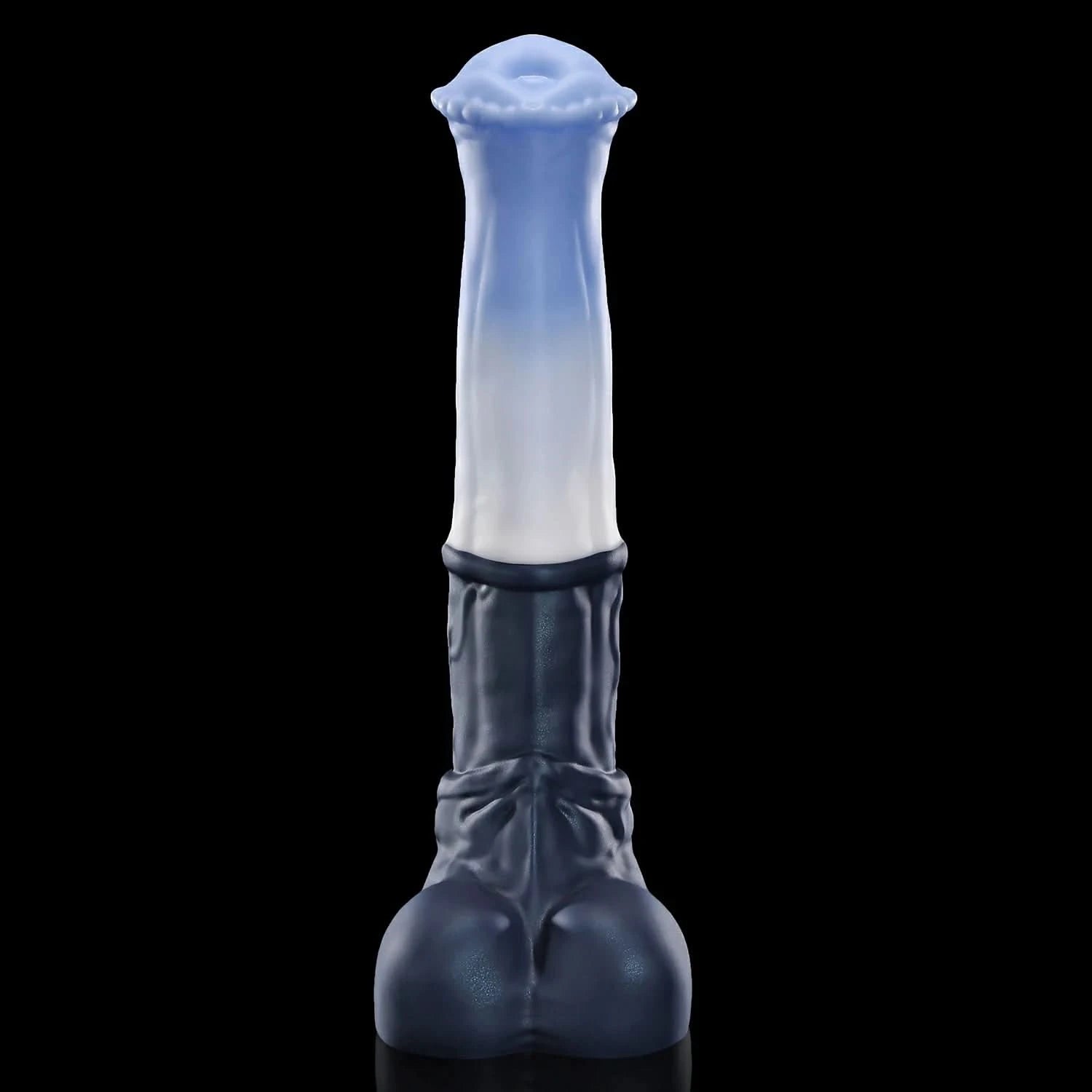 CONOLA fantasy horse dildo with a broad flared head, veined shaft, medial ring, and rounded balls - blue custom color front view
