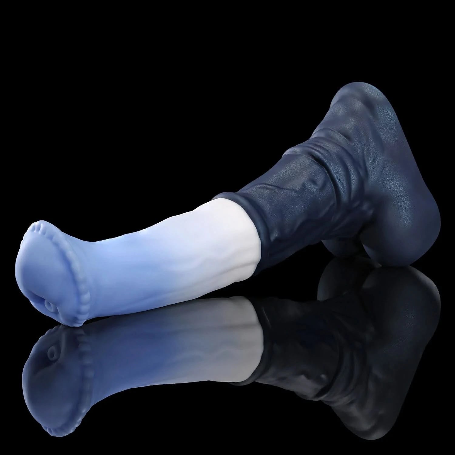 CONOLA fantasy horse dildo with a broad flared head, veined shaft, medial ring, and rounded balls - blue custom color low side view
