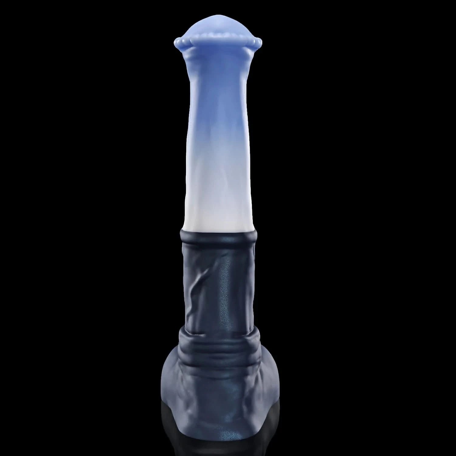 CONOLA fantasy horse dildo with a broad flared head, veined shaft, medial ring, and rounded balls - blue custom color rear view