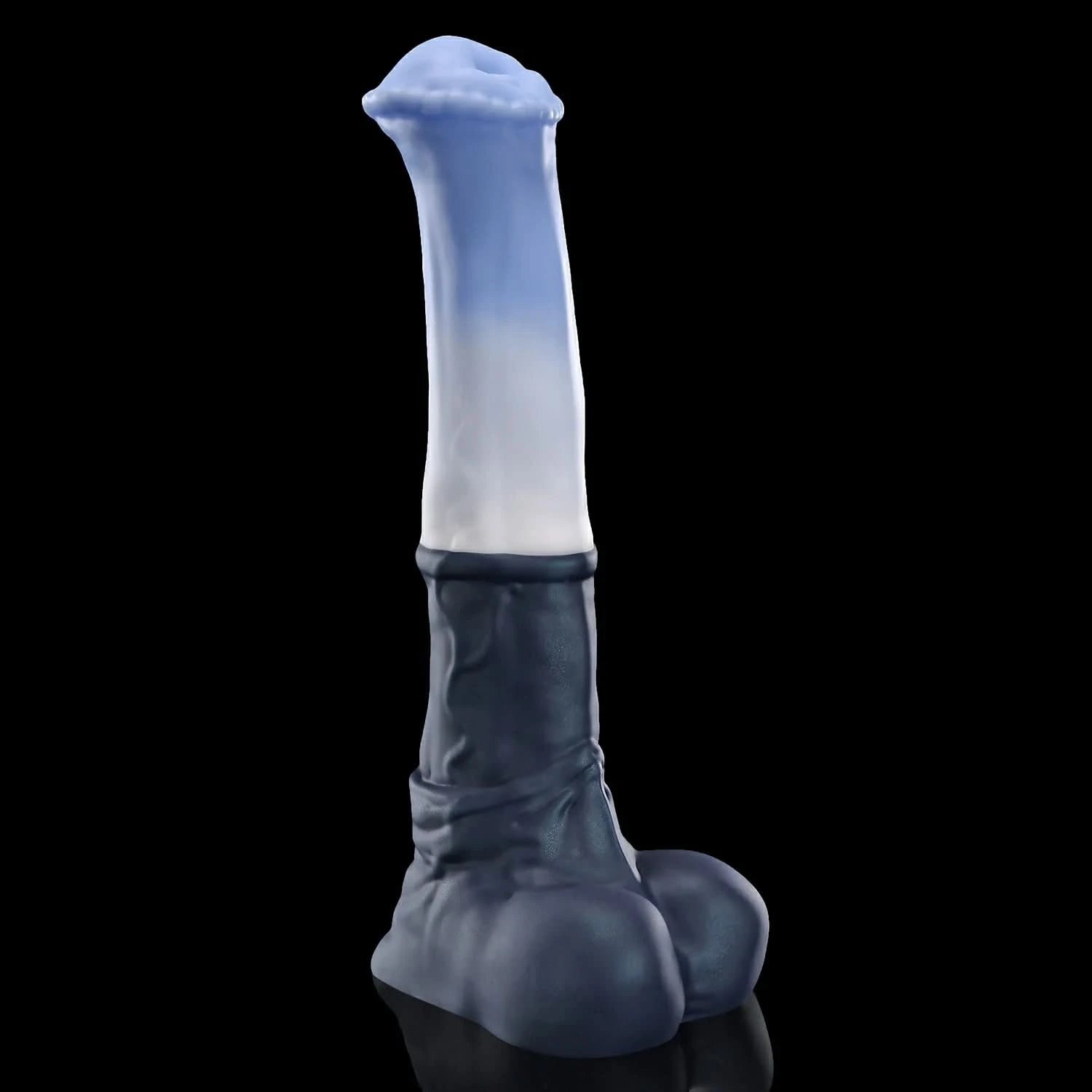 CONOLA fantasy horse dildo with a broad flared head, veined shaft, medial ring, and rounded balls - blue custom color side profile