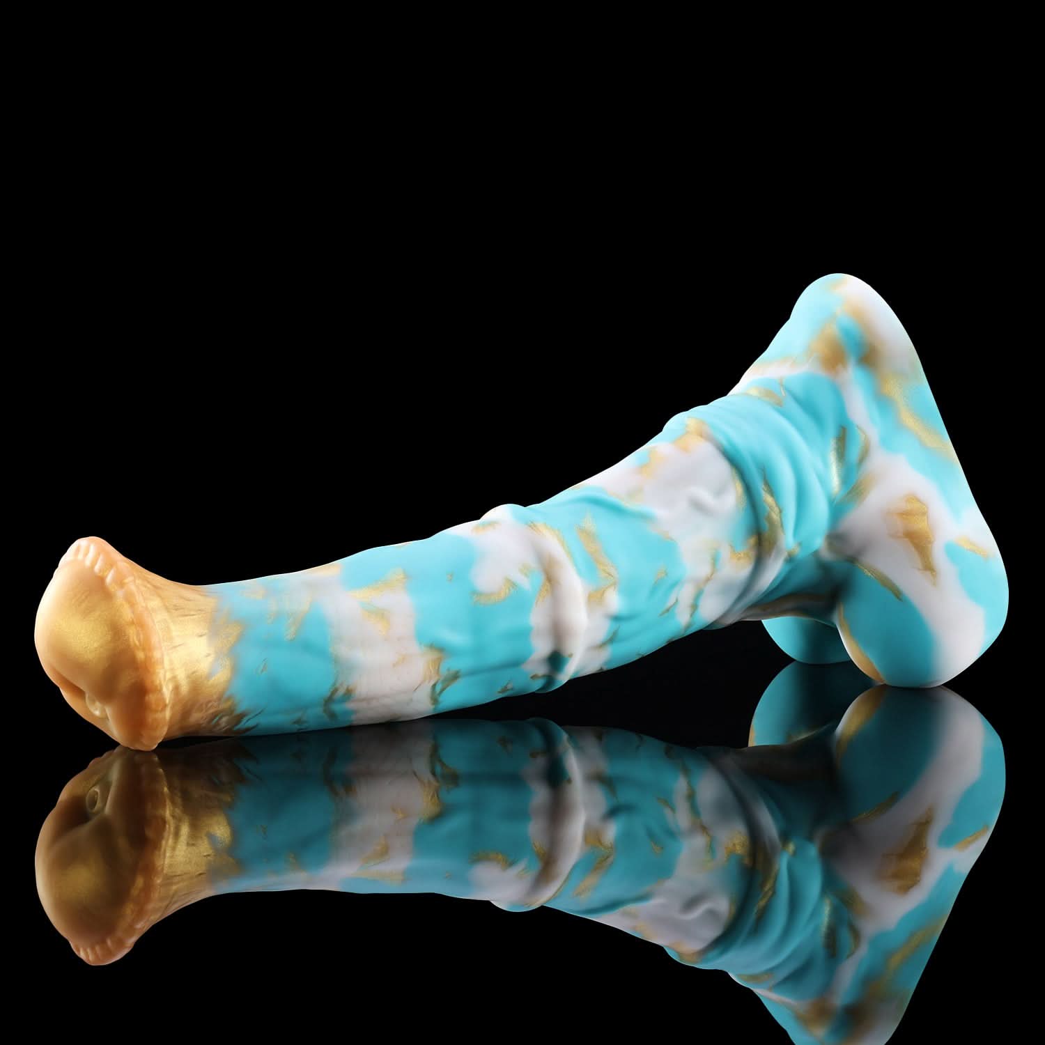 CONOLA fantasy horse dildo with a broad flared head, veined shaft, medial ring, and rounded balls - blue custom color side view