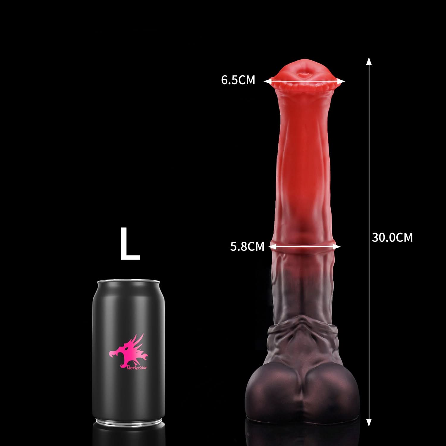 CONOLA fantasy horse dildo with a broad flared head, veined shaft, medial ring, and rounded balls - L size guide