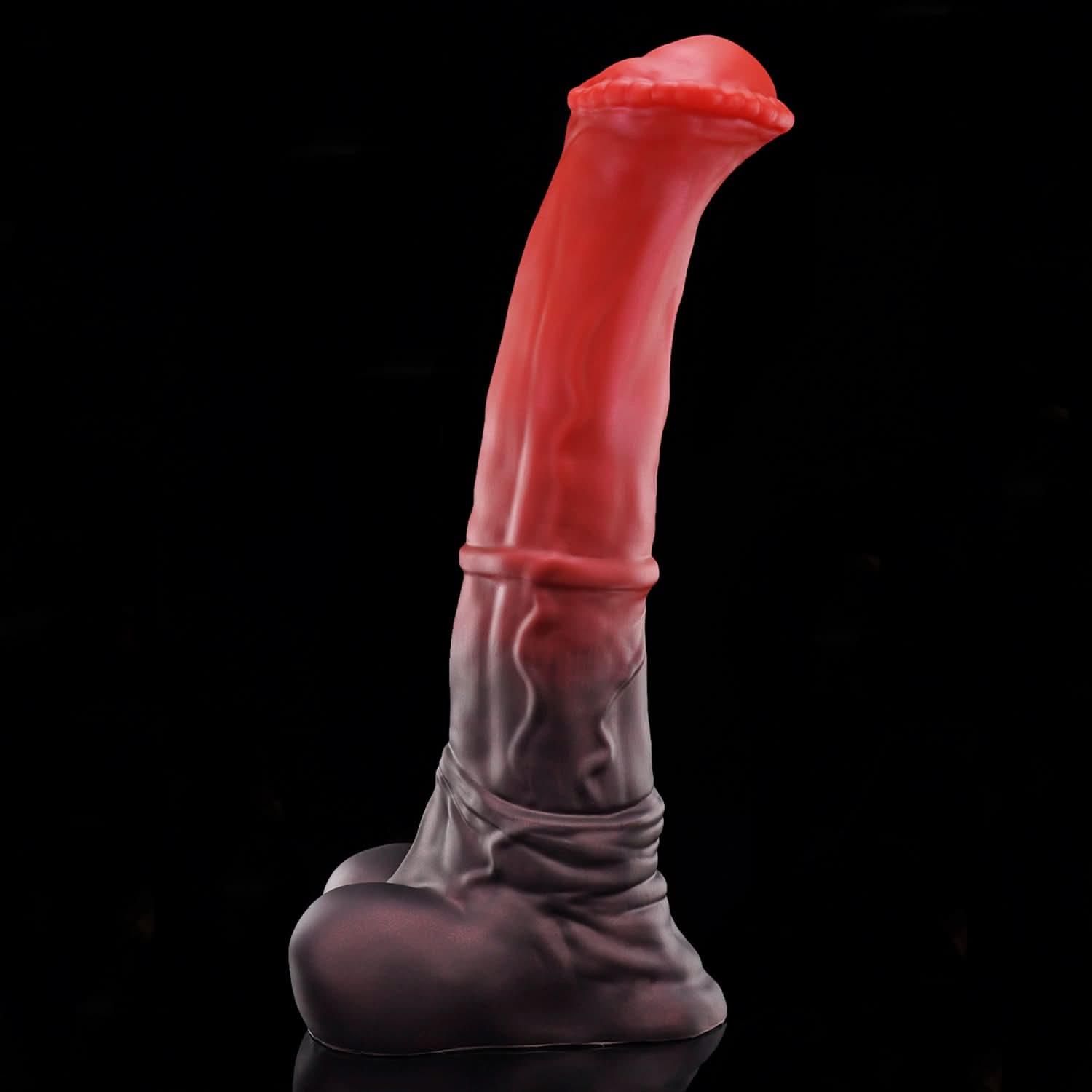 CONOLA fantasy horse dildo with a broad flared head, veined shaft, medial ring, and rounded balls - red head detail