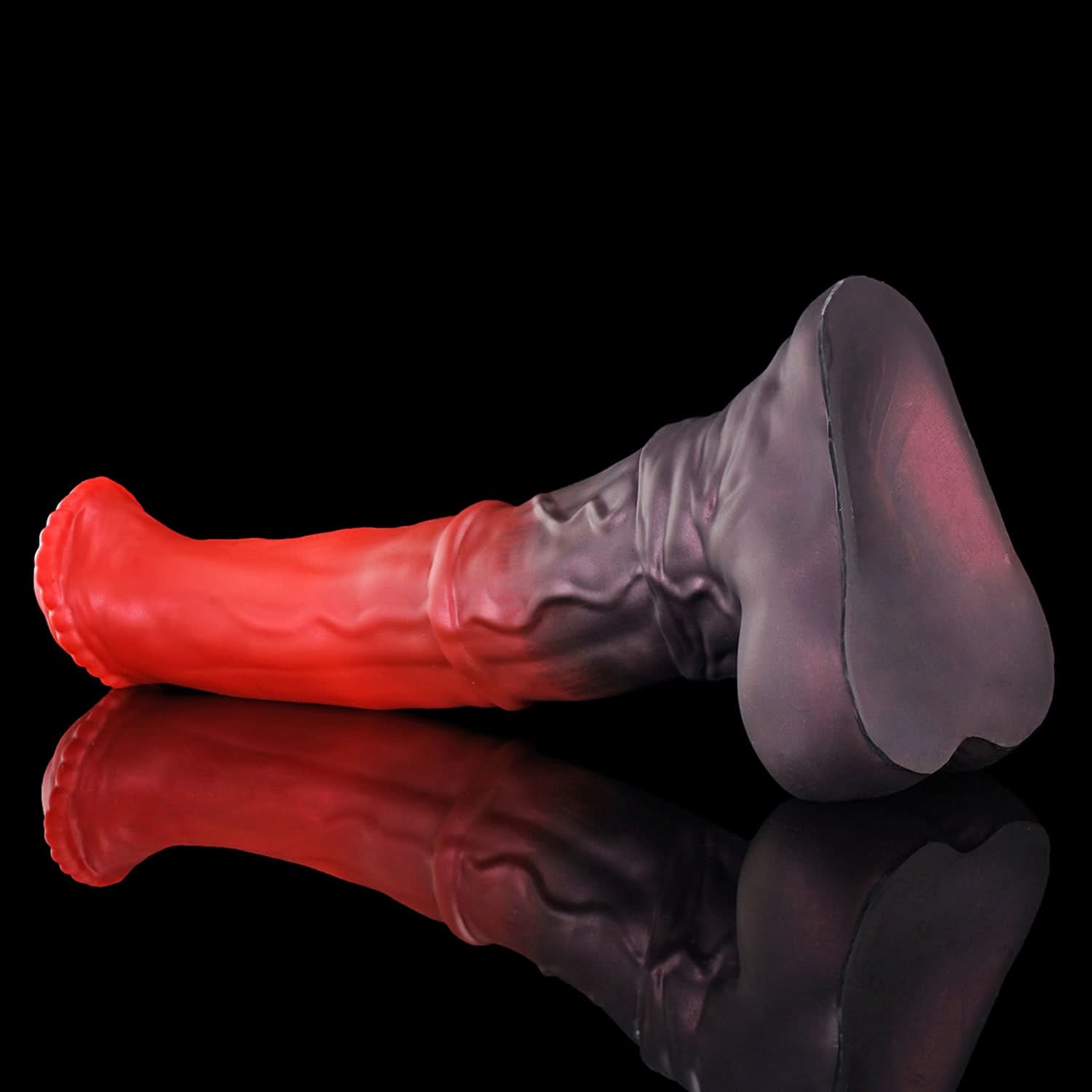 CONOLA fantasy horse dildo with a broad flared head, veined shaft, medial ring, and rounded balls - red rear angled view