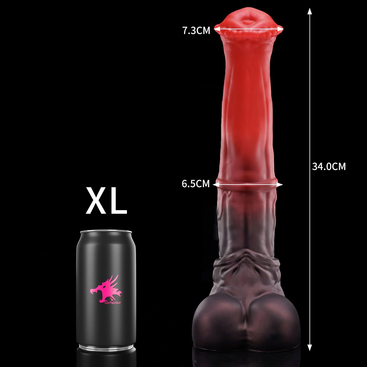 CONOLA fantasy horse dildo with a broad flared head, veined shaft, medial ring, and rounded balls - XL size guide