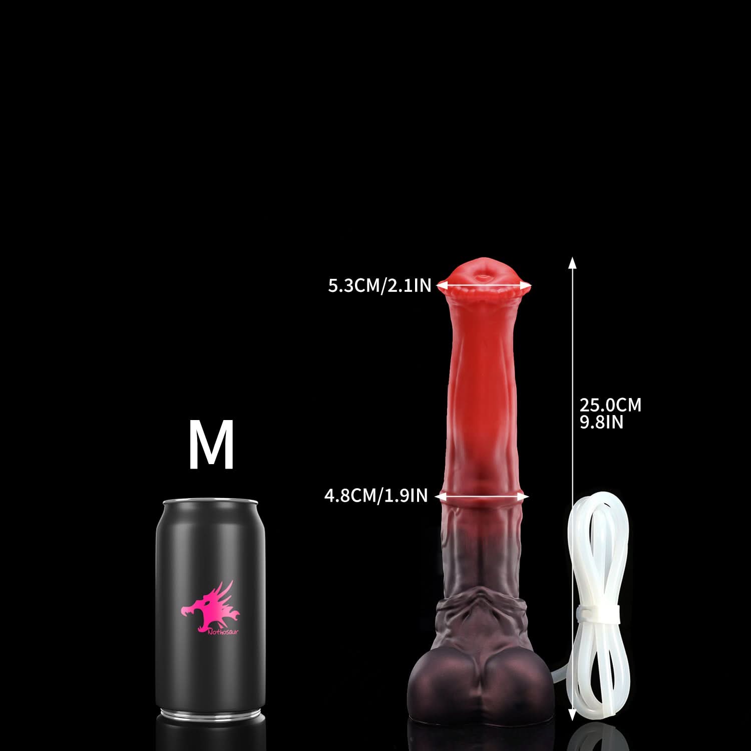 CONOLA plus tube fantasy horse ejaculating dildo with a broad flared head, veined shaft, and built-in tube - M size guide with tube