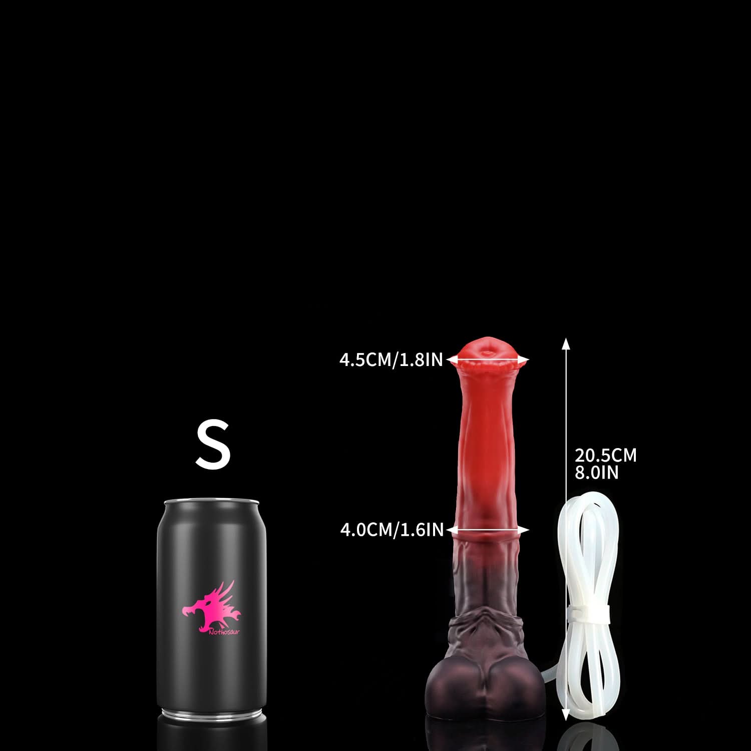 CONOLA plus tube fantasy horse ejaculating dildo with a broad flared head, veined shaft, and built-in tube - S size guide with tube