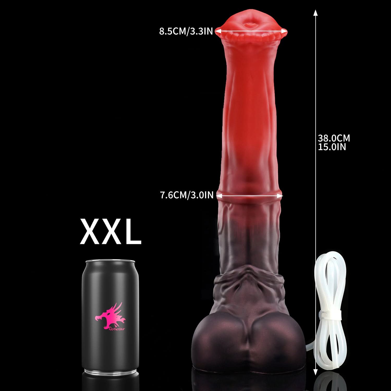 CONOLA plus tube fantasy horse ejaculating dildo with a broad flared head, veined shaft, and built-in tube - XXL size guide with tube