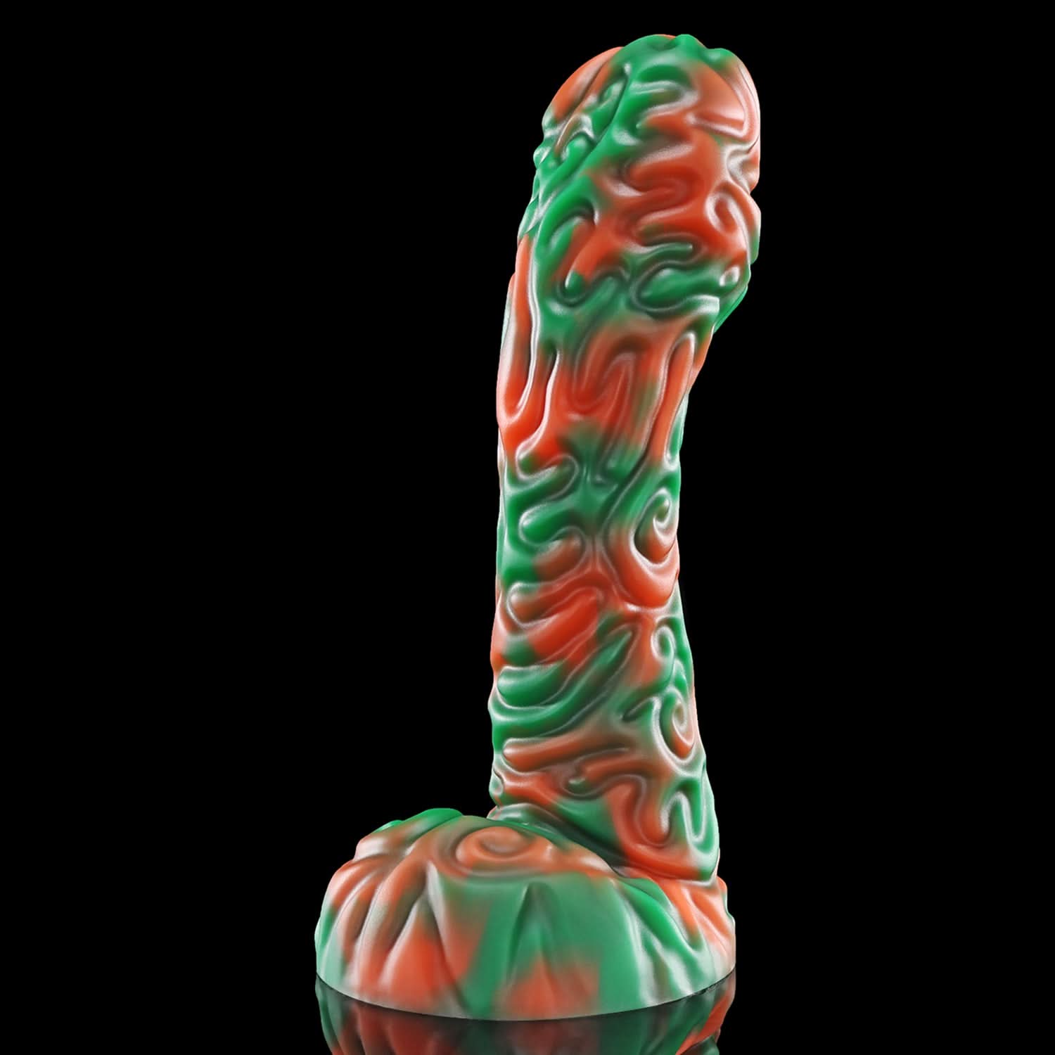 DEVIL FRUIT fantasy fruit dildo with raised spiral texture, a curved shaft, and flared suction-cup base - green and orange custom color front view