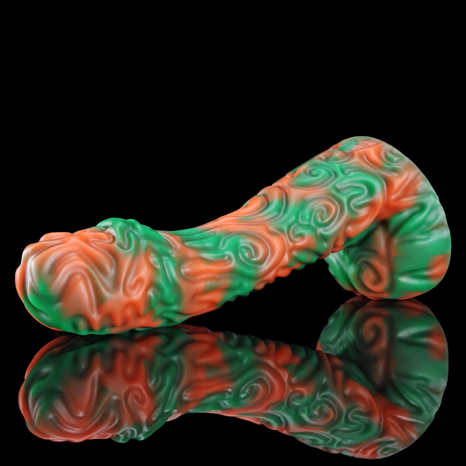 DEVIL FRUIT fantasy fruit dildo with raised spiral texture, a curved shaft, and flared suction-cup base - green and orange custom color low side view