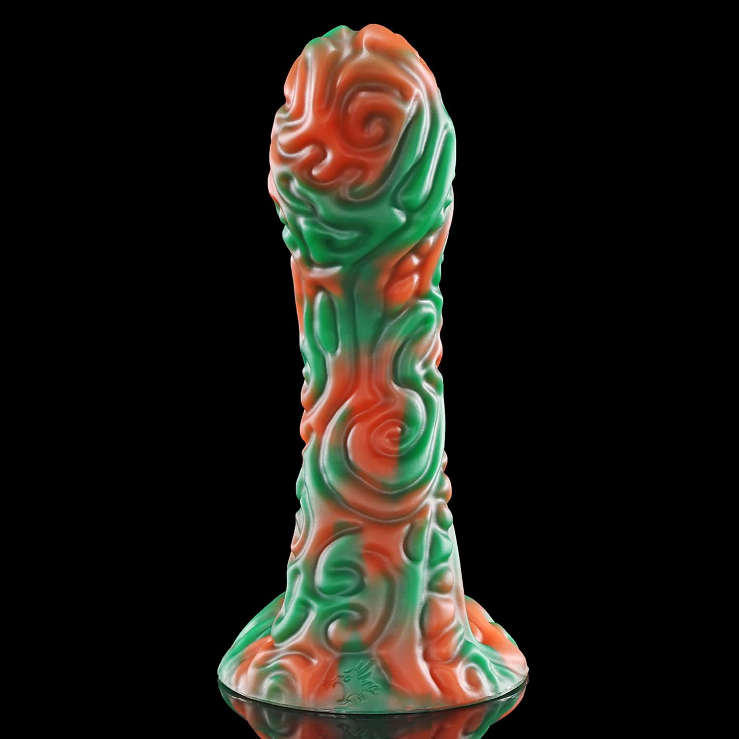 DEVIL FRUIT fantasy fruit dildo with raised spiral texture, a curved shaft, and flared suction-cup base - green and orange custom color side profile