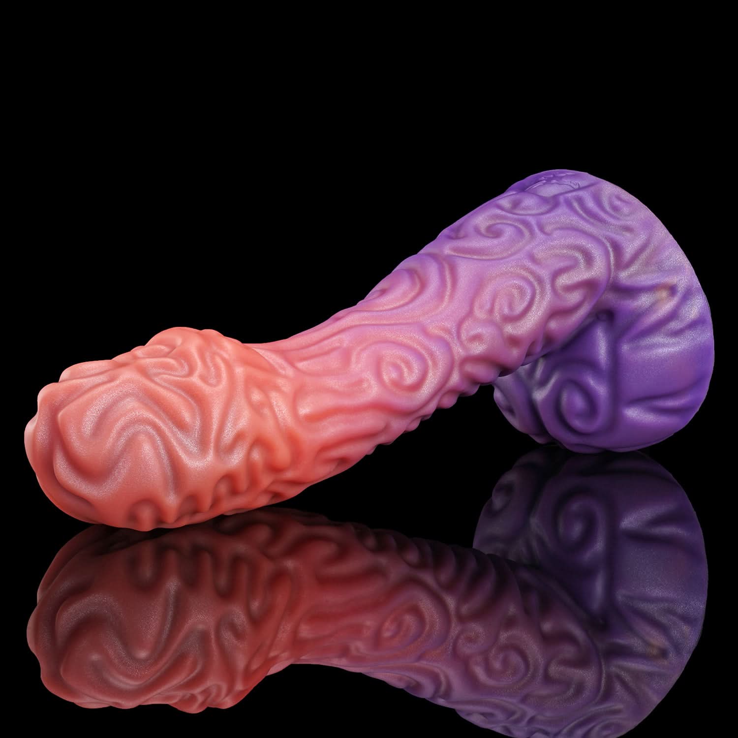 DEVIL FRUIT fantasy fruit dildo with raised spiral texture, a curved shaft, and flared suction-cup base - purple angled side view