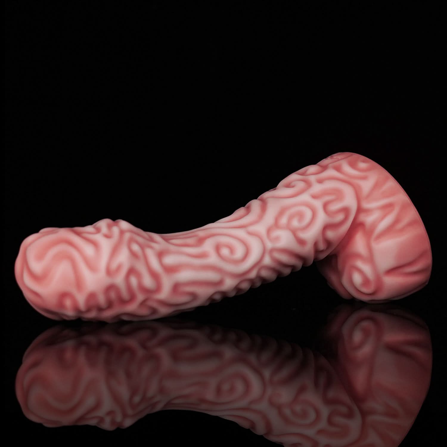 DEVIL FRUIT fantasy fruit dildo with raised spiral texture, a curved shaft, and flared suction-cup base - purple curved side view
