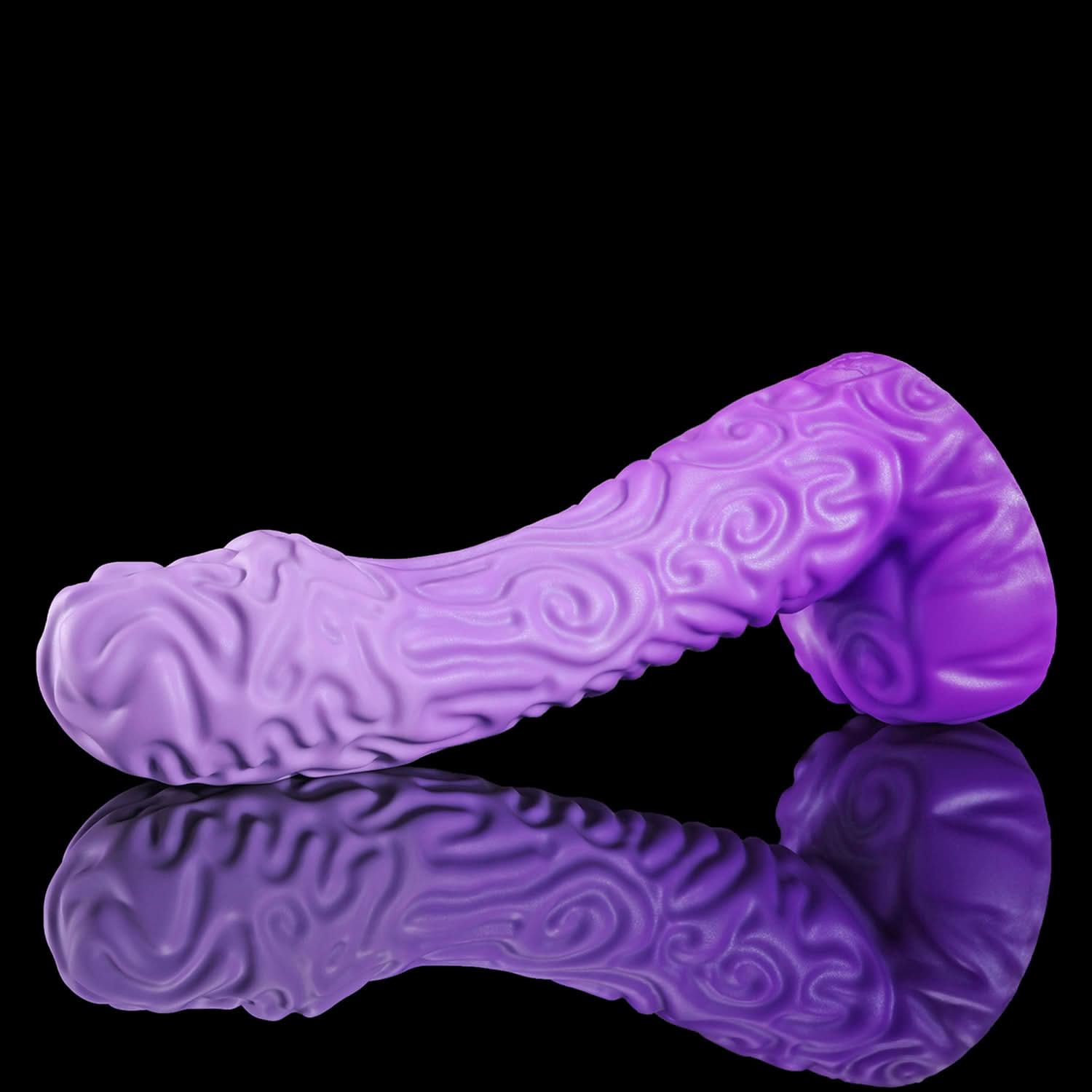 DEVIL FRUIT fantasy fruit dildo with raised spiral texture, a curved shaft, and flared suction-cup base - purple custom color low side view