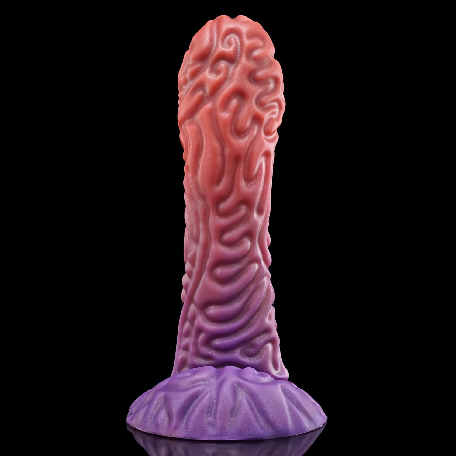 DEVIL FRUIT fantasy fruit dildo with raised spiral texture, a curved shaft, and flared suction-cup base - purple front view
