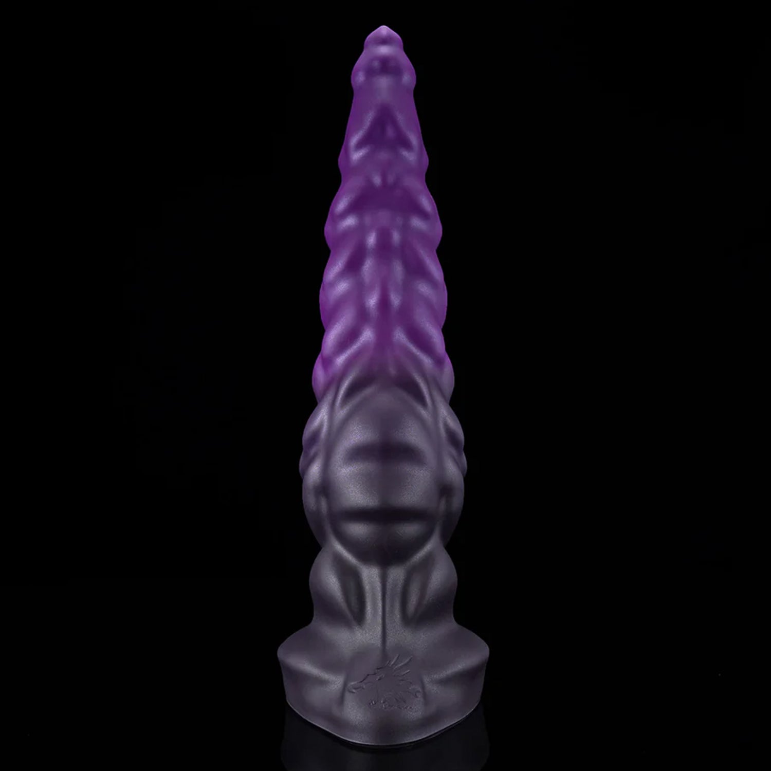 EIN fantasy unicorn dildo with a layered horn texture and wide suction-cup base - purple front view