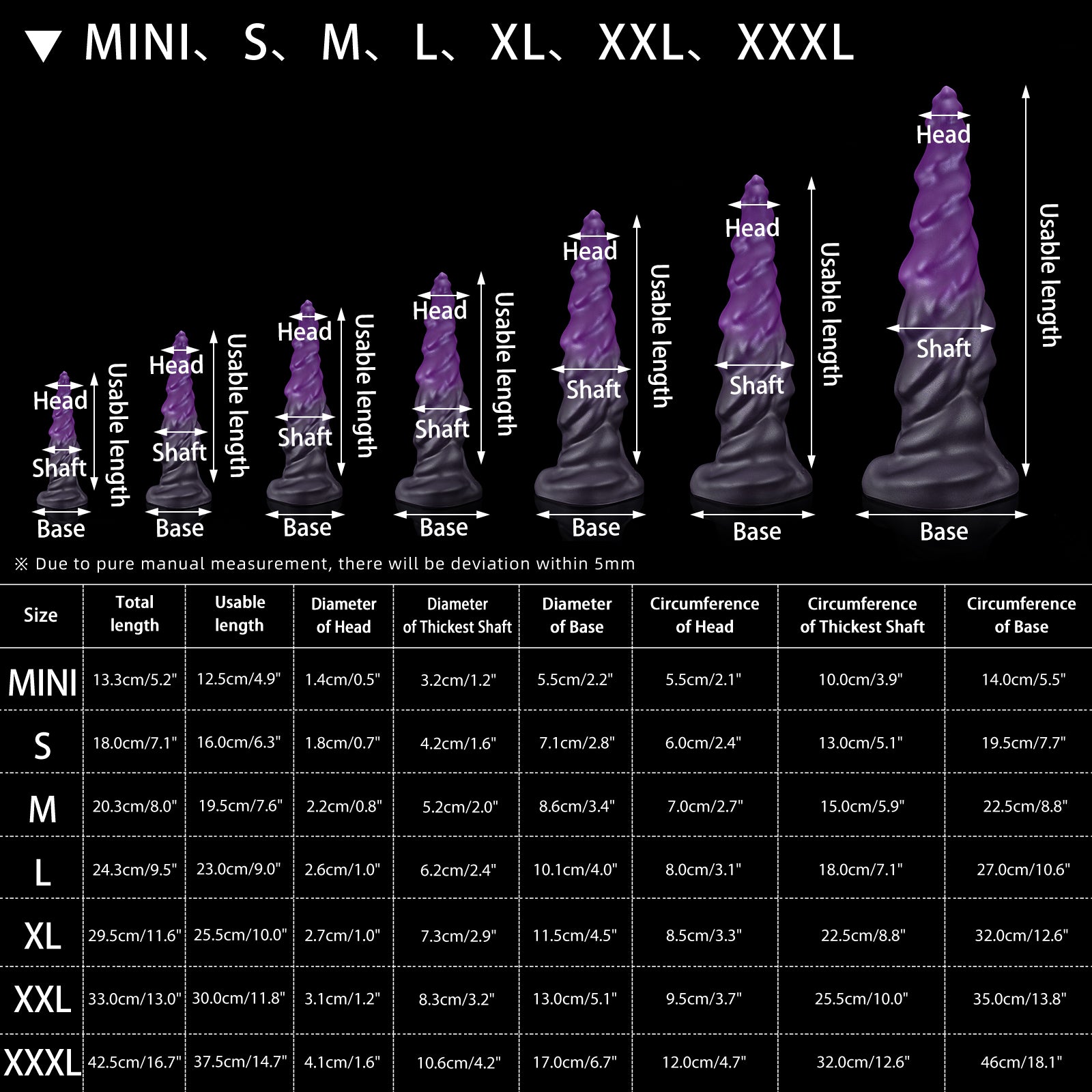 EIN fantasy unicorn dildo with a layered horn texture and wide suction-cup base - size chart