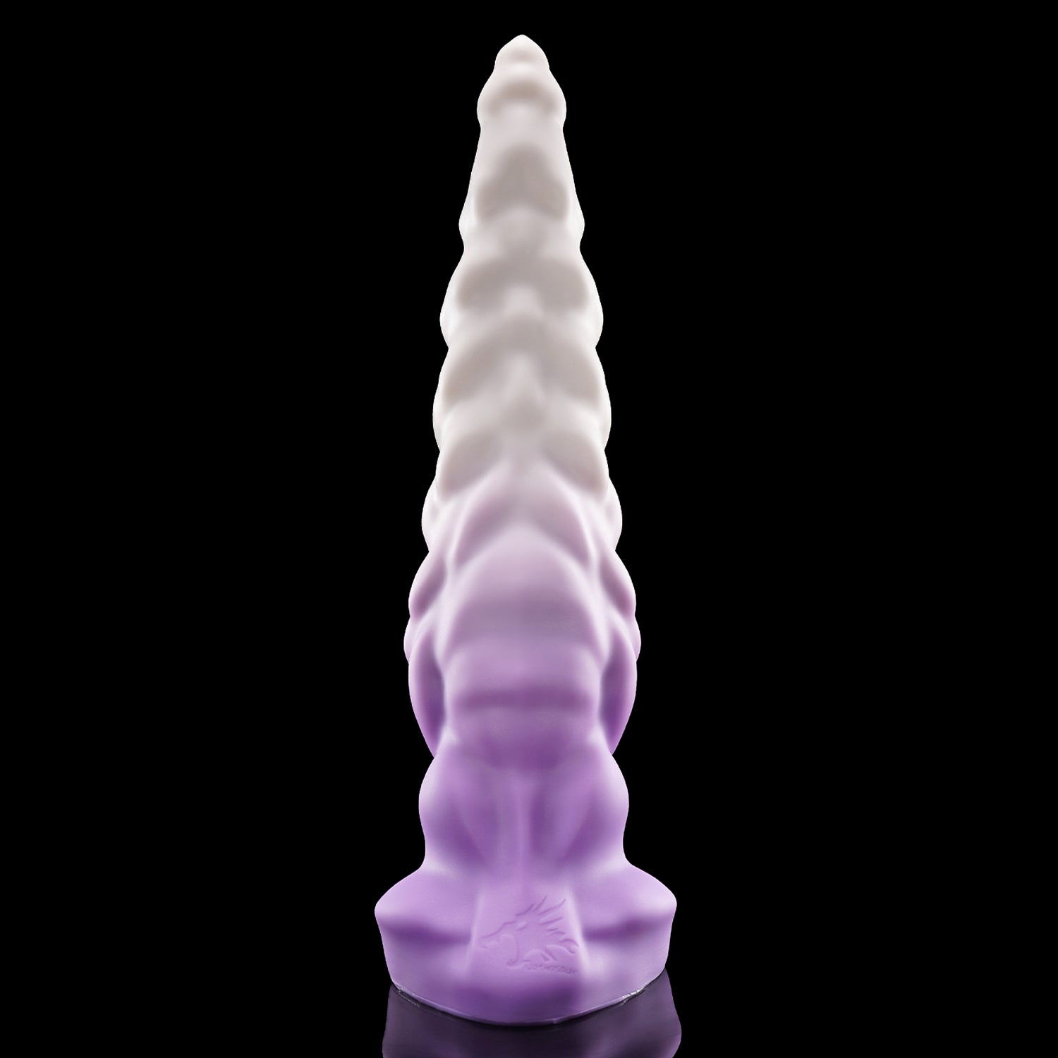 EIN fantasy unicorn dildo with a layered horn texture and wide suction-cup base - white and purple custom color front view