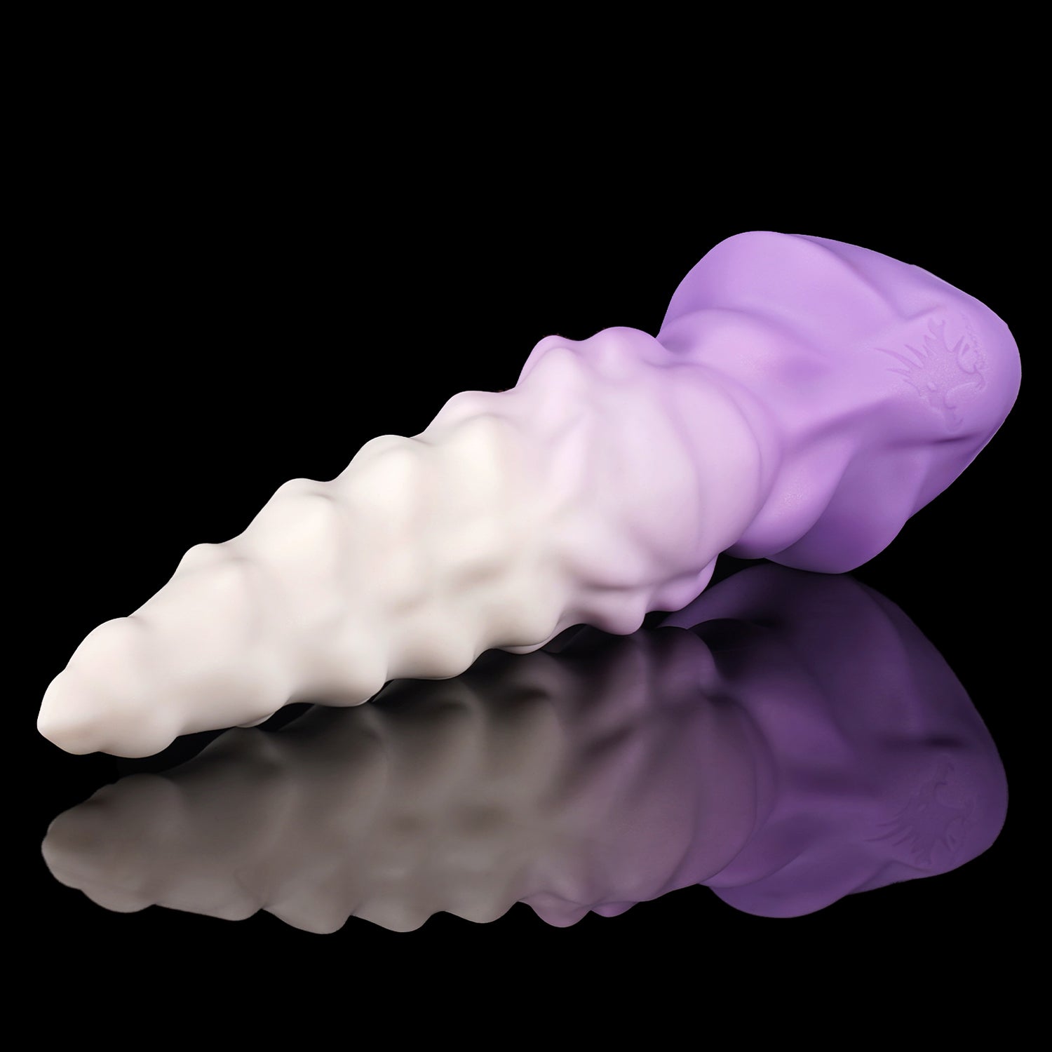 EIN fantasy unicorn dildo with a layered horn texture and wide suction-cup base - white and purple custom color low side view