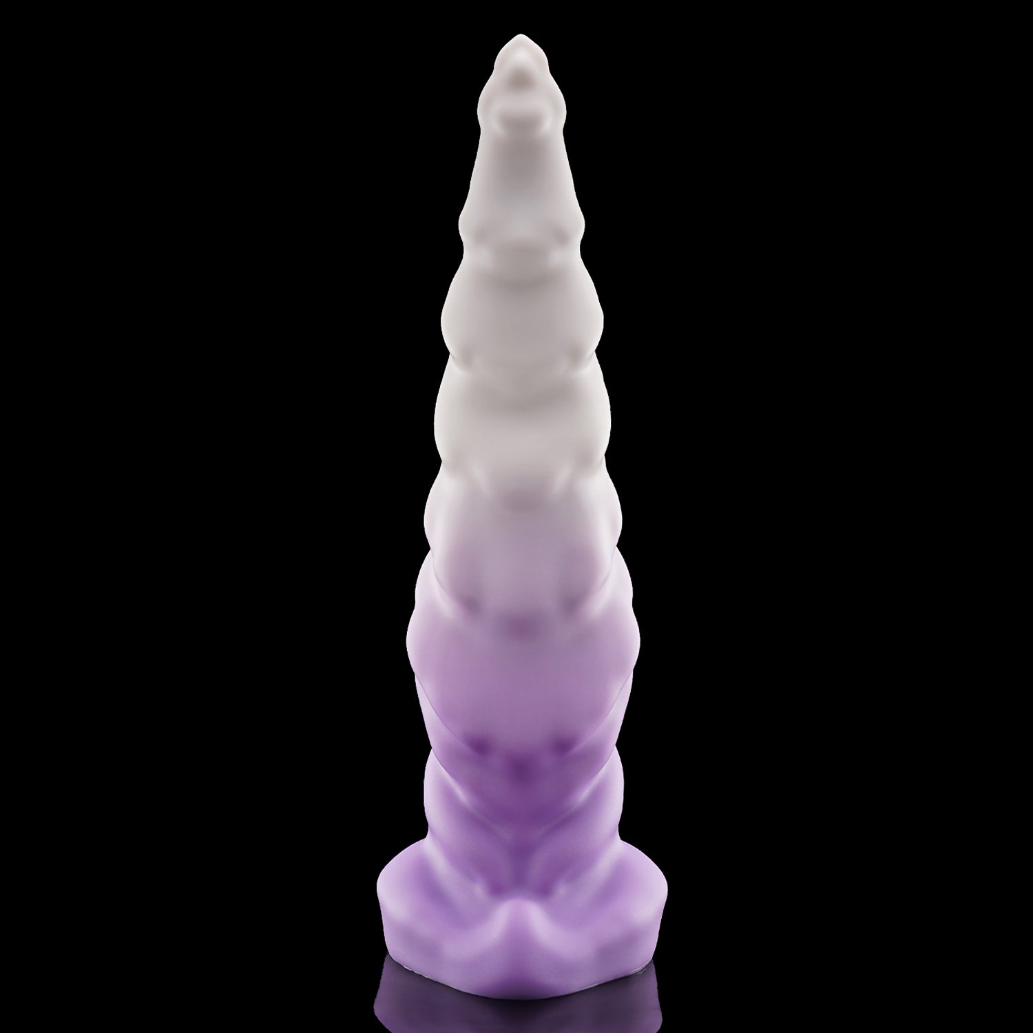 EIN fantasy unicorn dildo with a layered horn texture and wide suction-cup base - white and purple custom color rear view