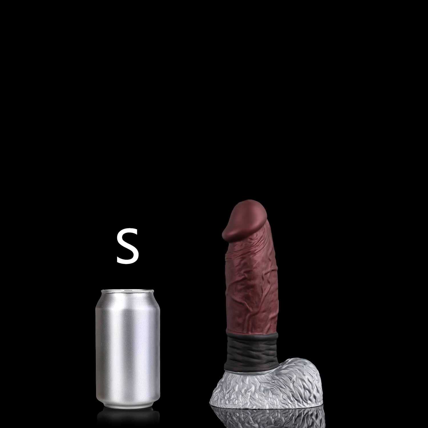 FAMARIO fantasy monster dildo with a textured shaft, sculpted furry base, and rounded balls - brown custom color S size guide