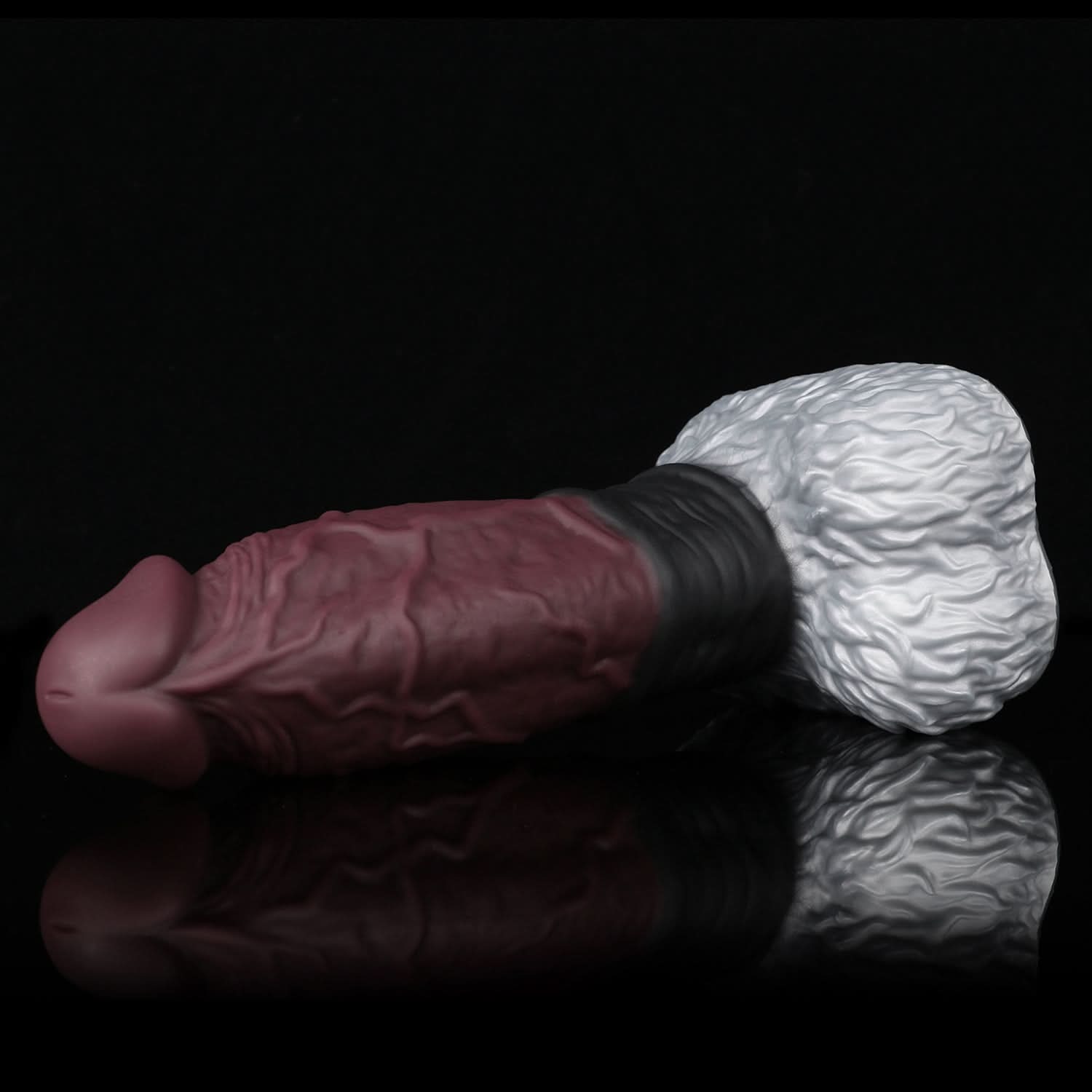 FAMARIO fantasy monster dildo with a textured shaft, sculpted furry base, and rounded balls - brown custom color size chart