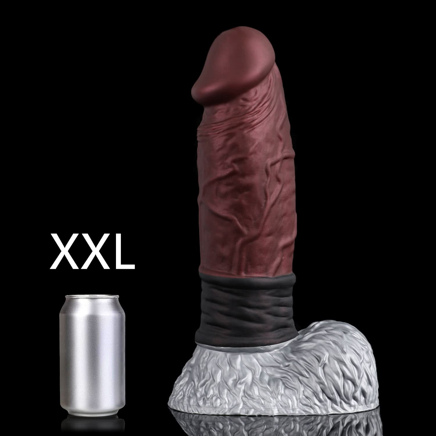 FAMARIO fantasy monster dildo with a textured shaft, sculpted furry base, and rounded balls - brown custom color XXL size guide
