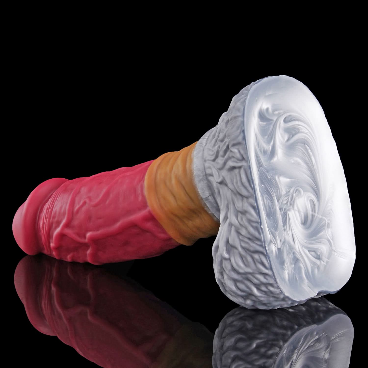 FAMARIO fantasy monster dildo with a textured shaft, sculpted furry base, and rounded balls - pink and white angled view