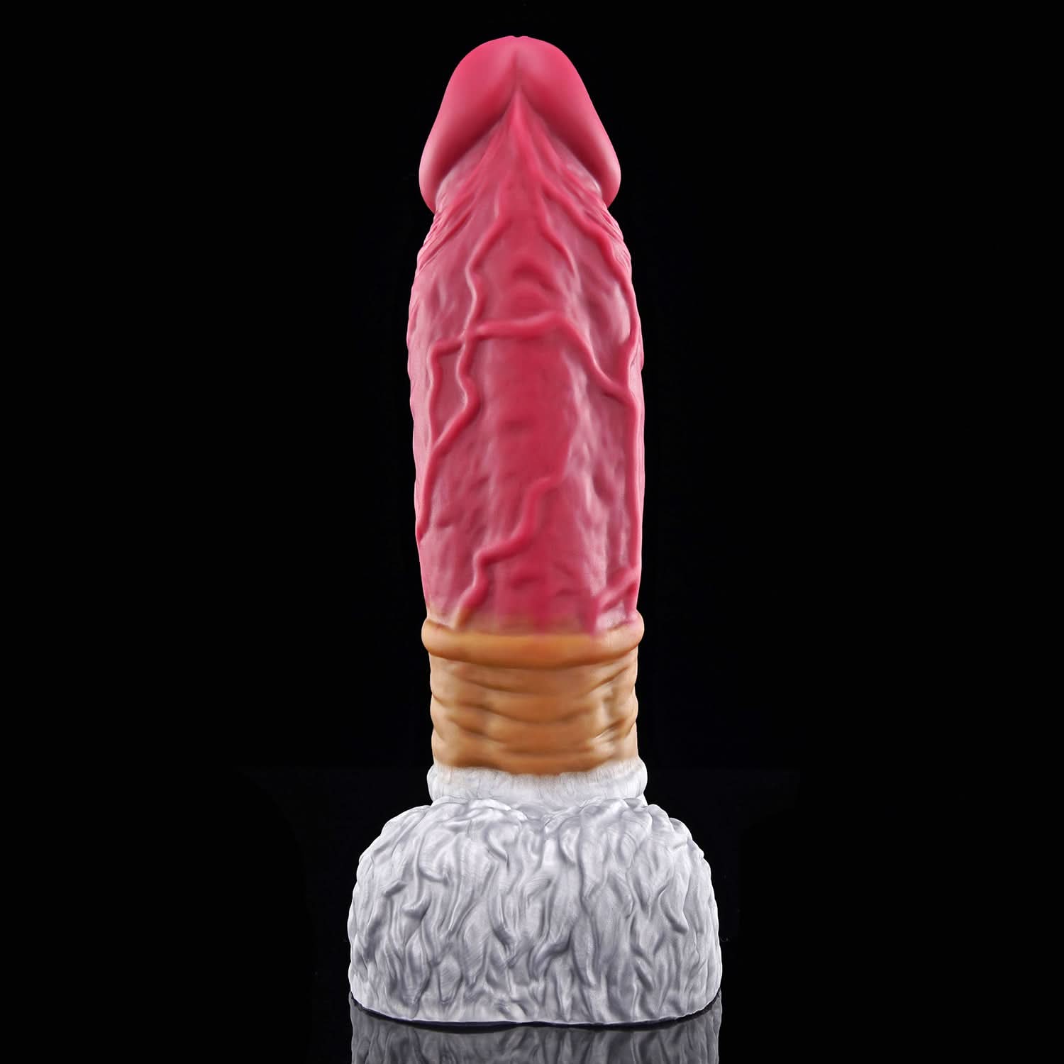 FAMARIO fantasy monster dildo with a textured shaft, sculpted furry base, and rounded balls - pink and white front view