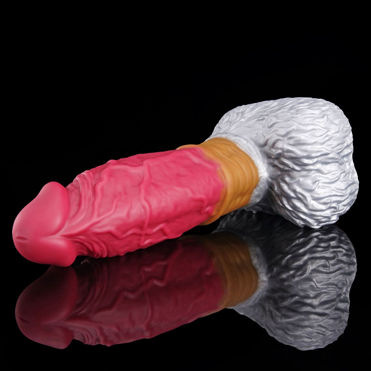 FAMARIO fantasy monster dildo with a textured shaft, sculpted furry base, and rounded balls - pink and white low side view
