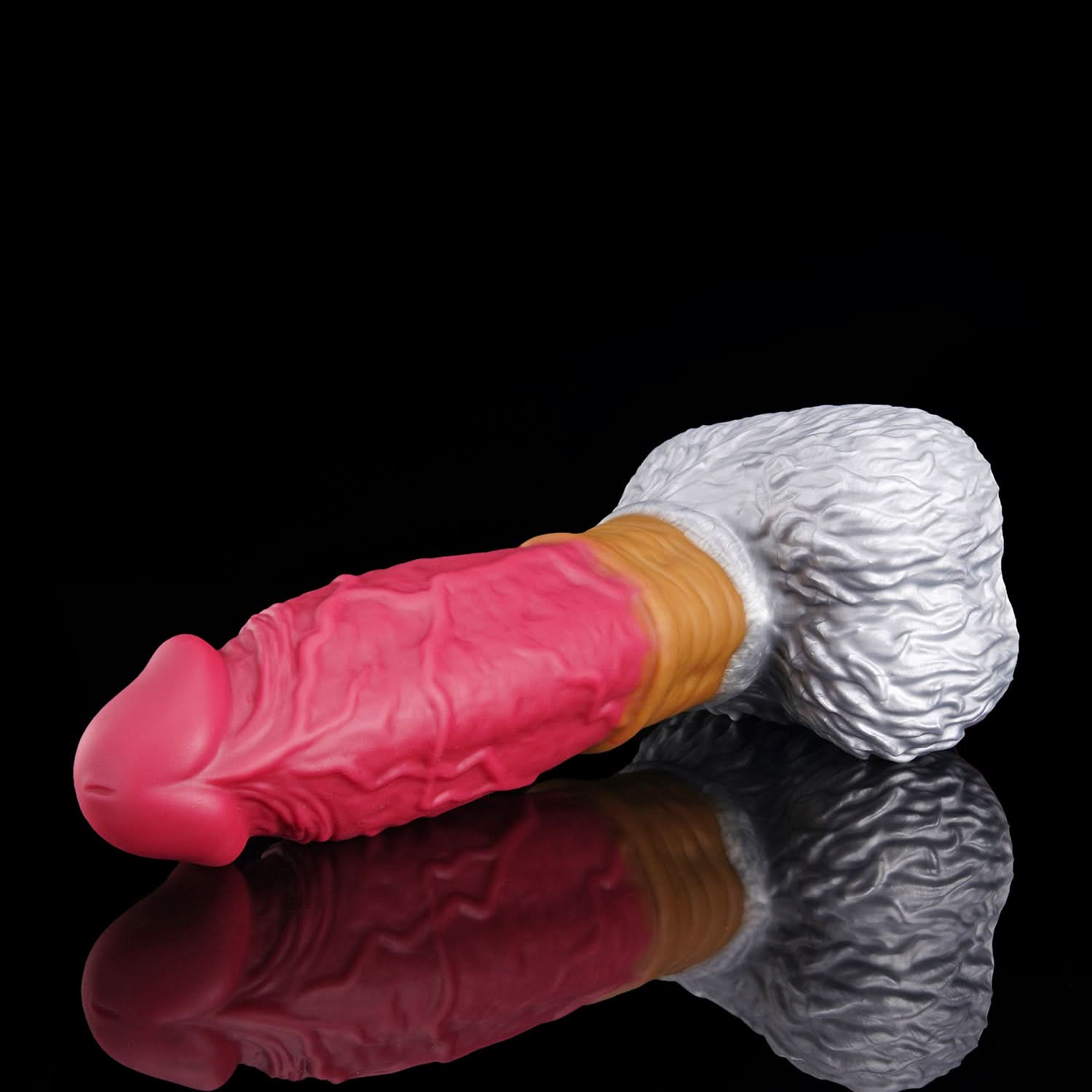FAMARIO fantasy monster dildo with a textured shaft, sculpted furry base, and rounded balls - pink and white rear view