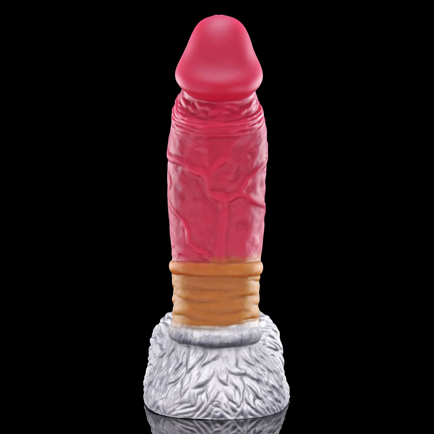 FAMARIO fantasy monster dildo with a textured shaft, sculpted furry base, and rounded balls - pink and white shaft texture detail