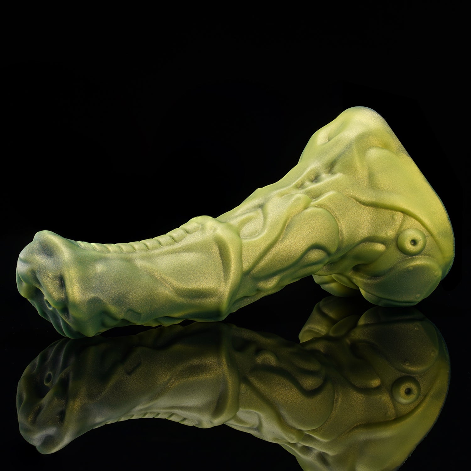 FIGURE fantasy horse dildo with a textured biomechanical shaft, sculpted head, and rounded balls - green angled side view