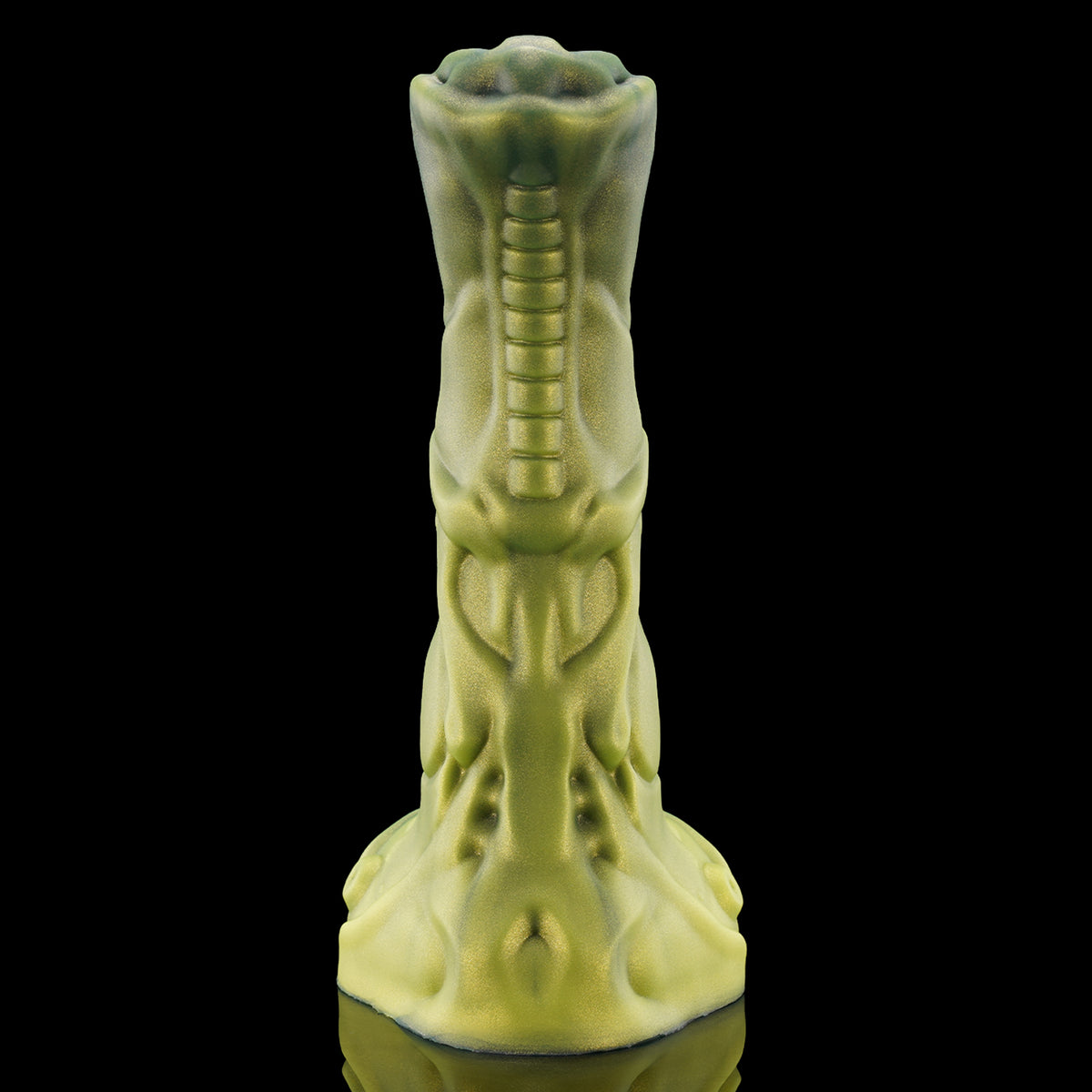 FIGURE fantasy horse dildo with a textured biomechanical shaft, sculpted head, and rounded balls - green front view