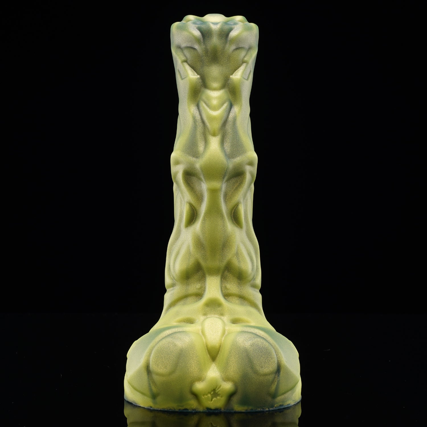 FIGURE fantasy horse dildo with a textured biomechanical shaft, sculpted head, and rounded balls - green rear view